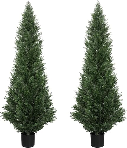LUWENER Dos árboles topiarios artificiales de cedro de 5 pies, plantas topiarias falsas para exteriores en maceta, planta con clasificación UV para