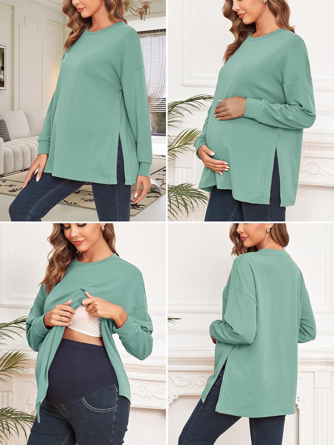 Ecavus Women's Casual Maternity Shirts Long Sleeve Soft and Comfy Pregnancy Tee Tops Side Split Maternity Clothes