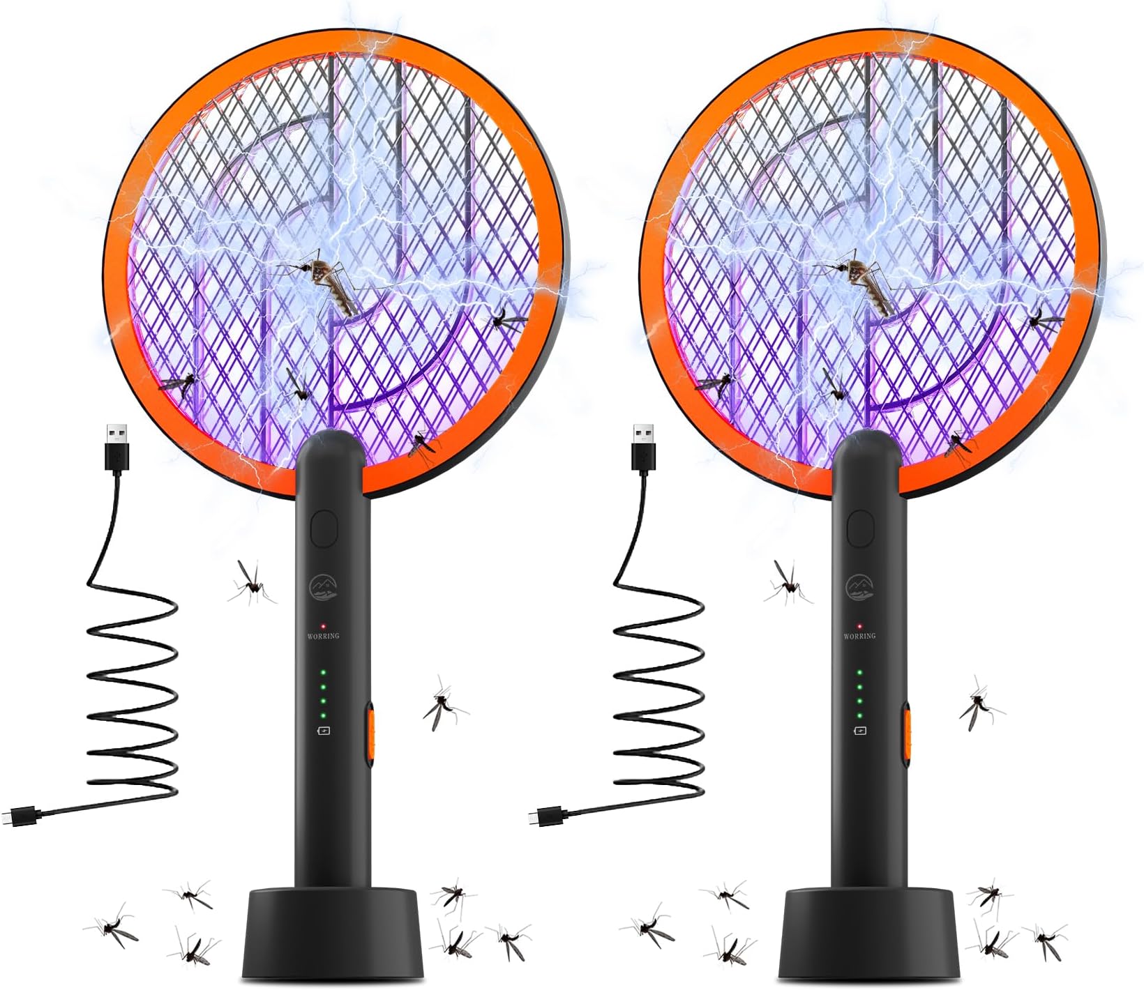 Electric Fly Swatter Racket, Mosiller 2 in 1 Smart Bug Zapper & Power Take Off Generators with USB Rechargeable Base, Powerful Mosquitoes Trap Lamp & Fly Killer for Home, Bedroom (Black（2 Pack）)