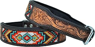 Affilare Leather Dog Collar Western Style Heavy Duty Hand Tooled Adjustable Beaded and Padded Soft for Puppies and Big Dogs 10AB002, Red Yellow White Teal