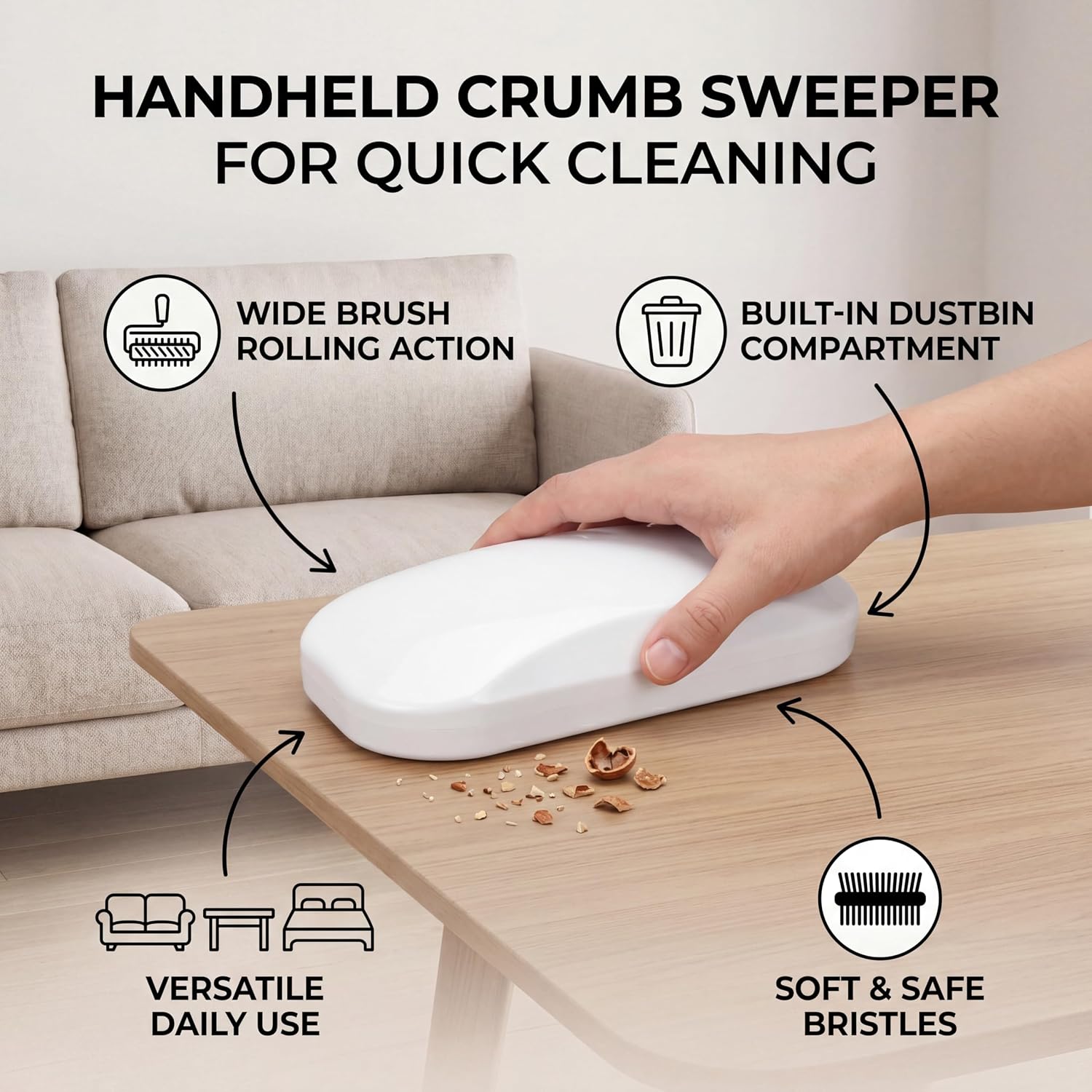 Yosoo Health Gear Rolling Crumb Sweeper with Soft Bristles, Handheld Debris Collector for Bed Sheets Sofas Carpet, Reusable Crumber Cleaning Tool with Built-in Garbage Storage