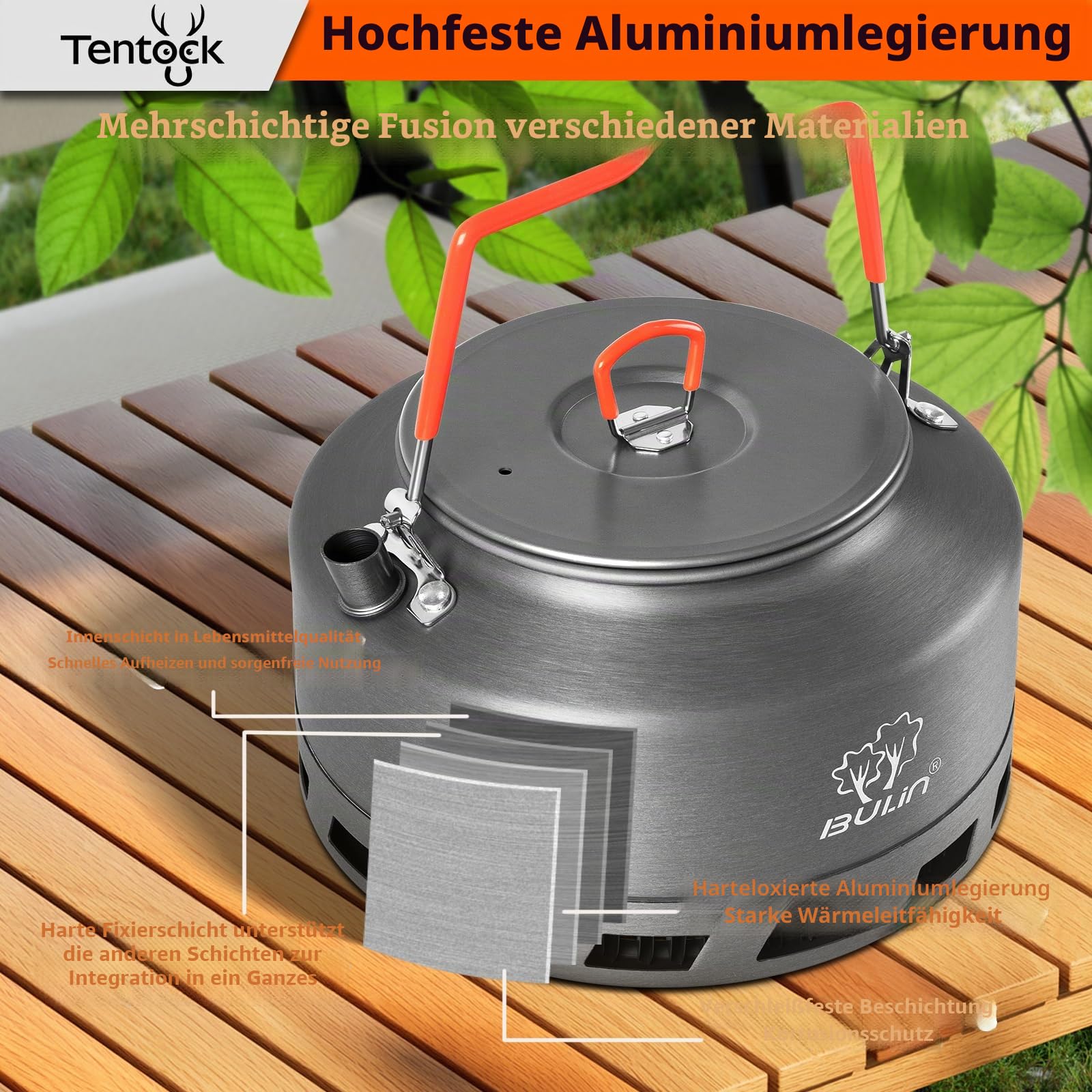 Tentock Wasserkessel Camping 1.1L / 1.6L – Schnelle Heizung mit Wärmetauscher, Energiesparender Aluminium Kessel für Gasherd, Ideal für Outdoor, Reise, Wohnmobil, Picknick – inklusive Netztasche(1.1L)