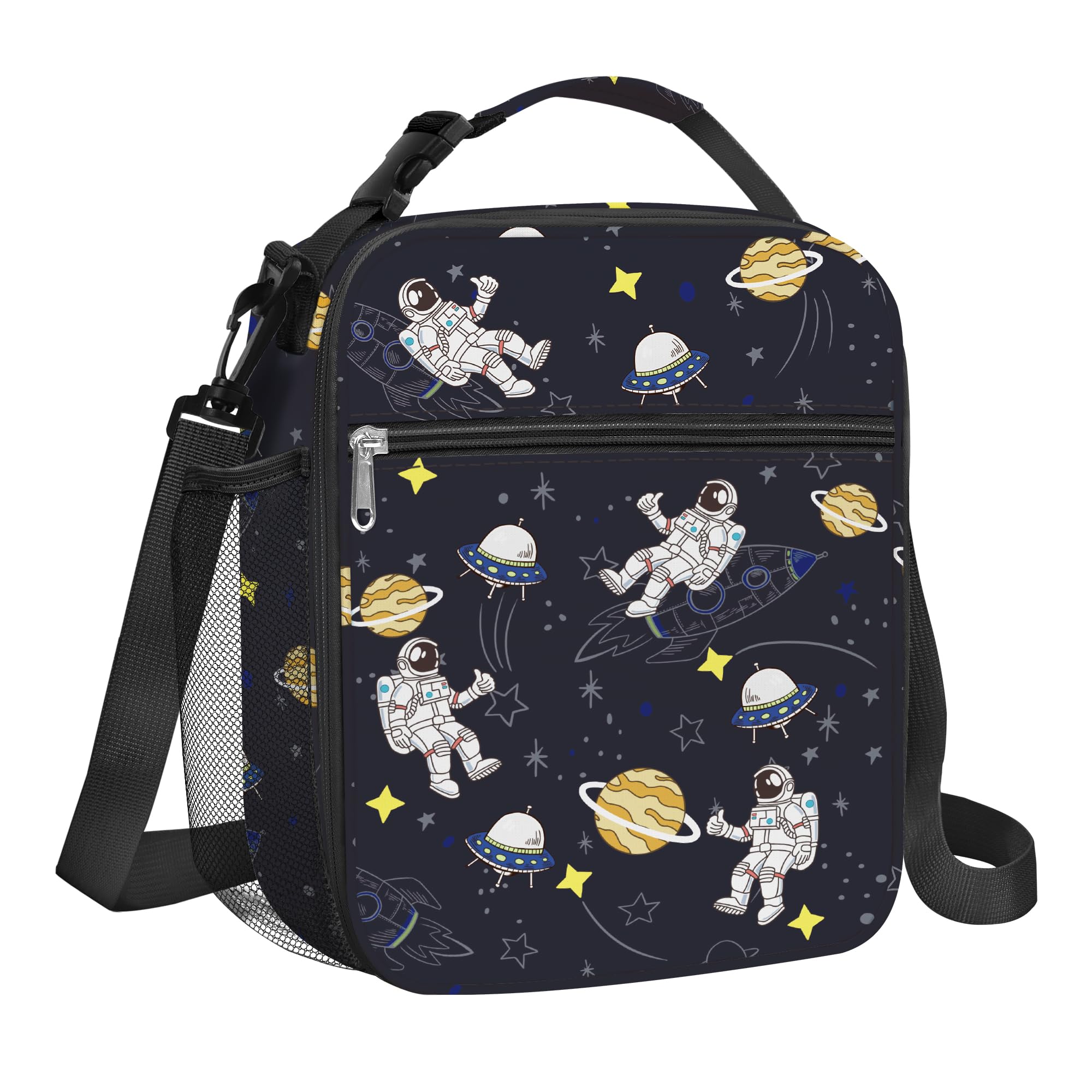 Clastyle Blue Astronauts Insulated Lunch Bag for Kids, Portable Large Thermal Cooler Lunch Bag for Boys, School Lunch Box Bag with Bottle Holder