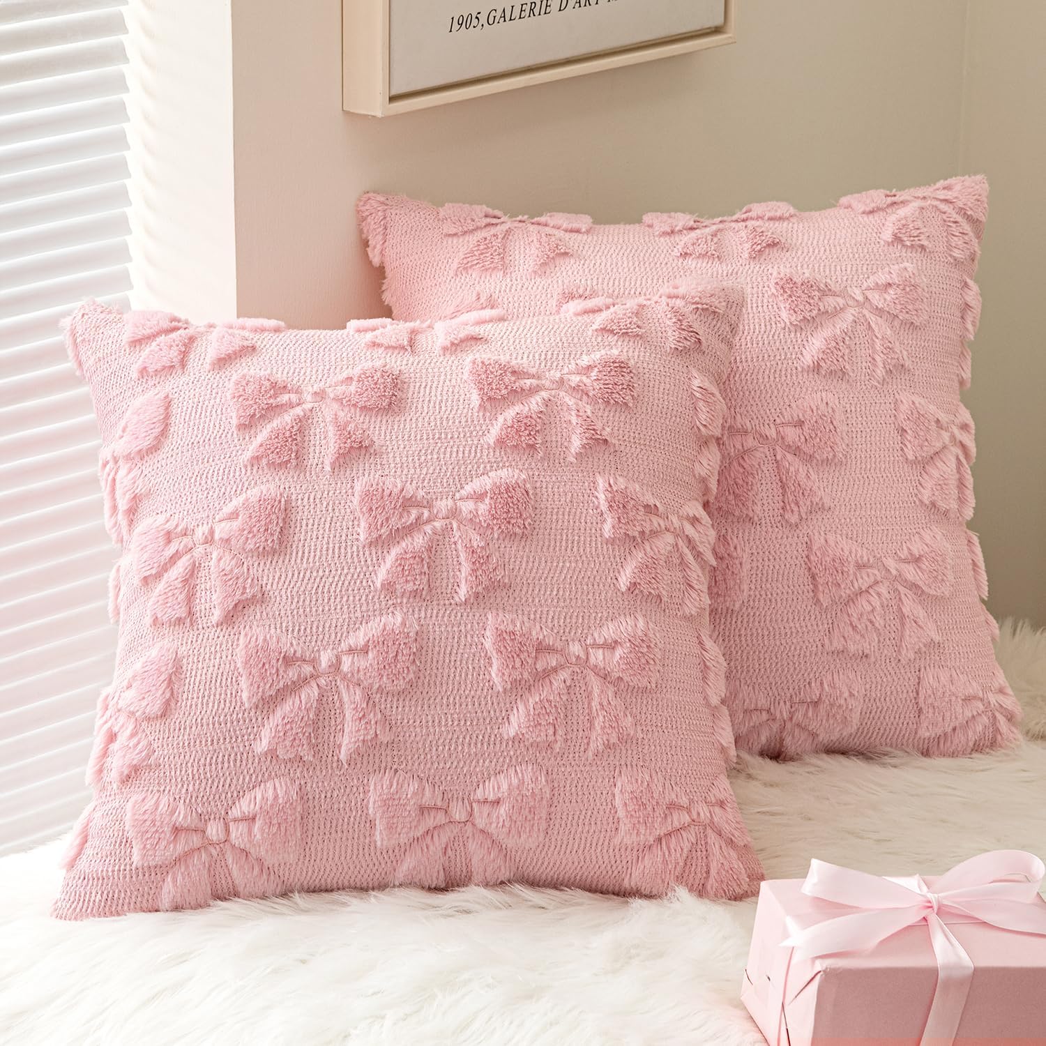 MIULEE Pink Bow Pillow Covers Coquette Room Decor Aesthetic Set of 2 Spring Decorative Cute Girl Soft Plush Faux Pillowcase for Preppy Room Decor Bedroom Couch,24x24 Inch