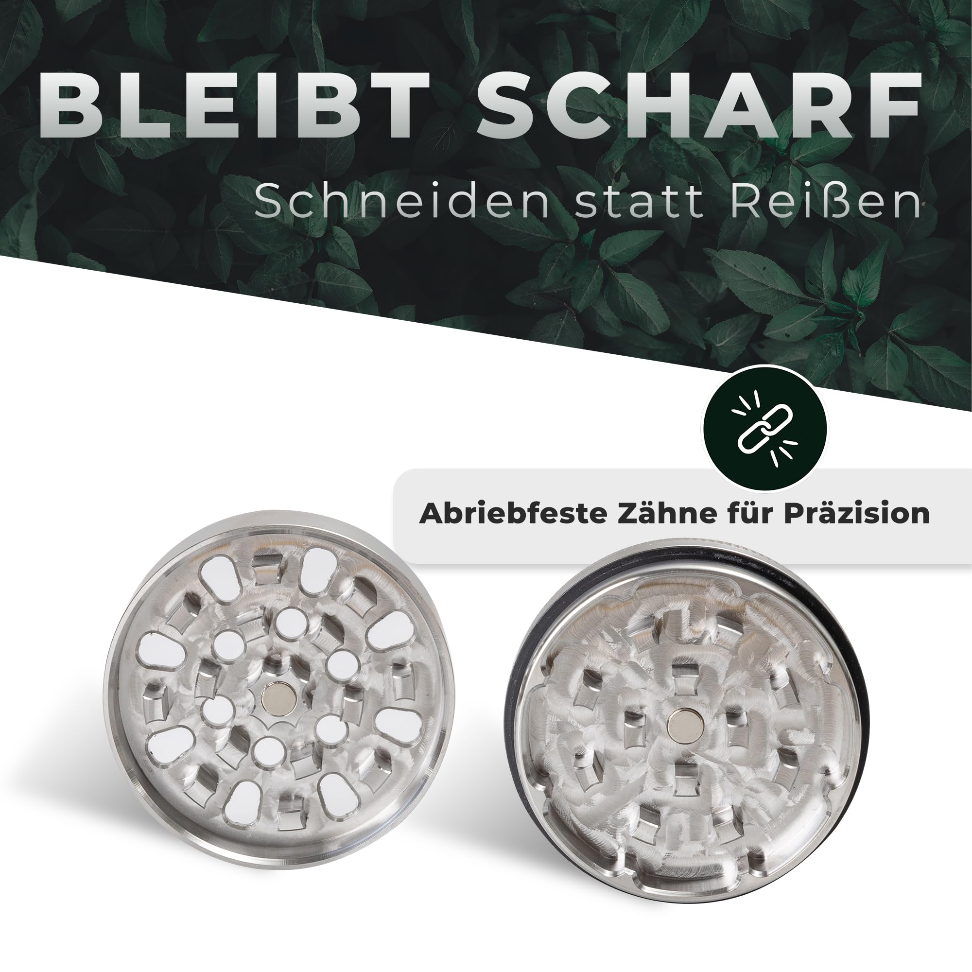 Grinder Edelstahl 4-teilig, mit Siebfach + Schaber - optimiertes Mahlwerk, abriebfest, magnetisch - Silber Glänzend Ø4.9cm
