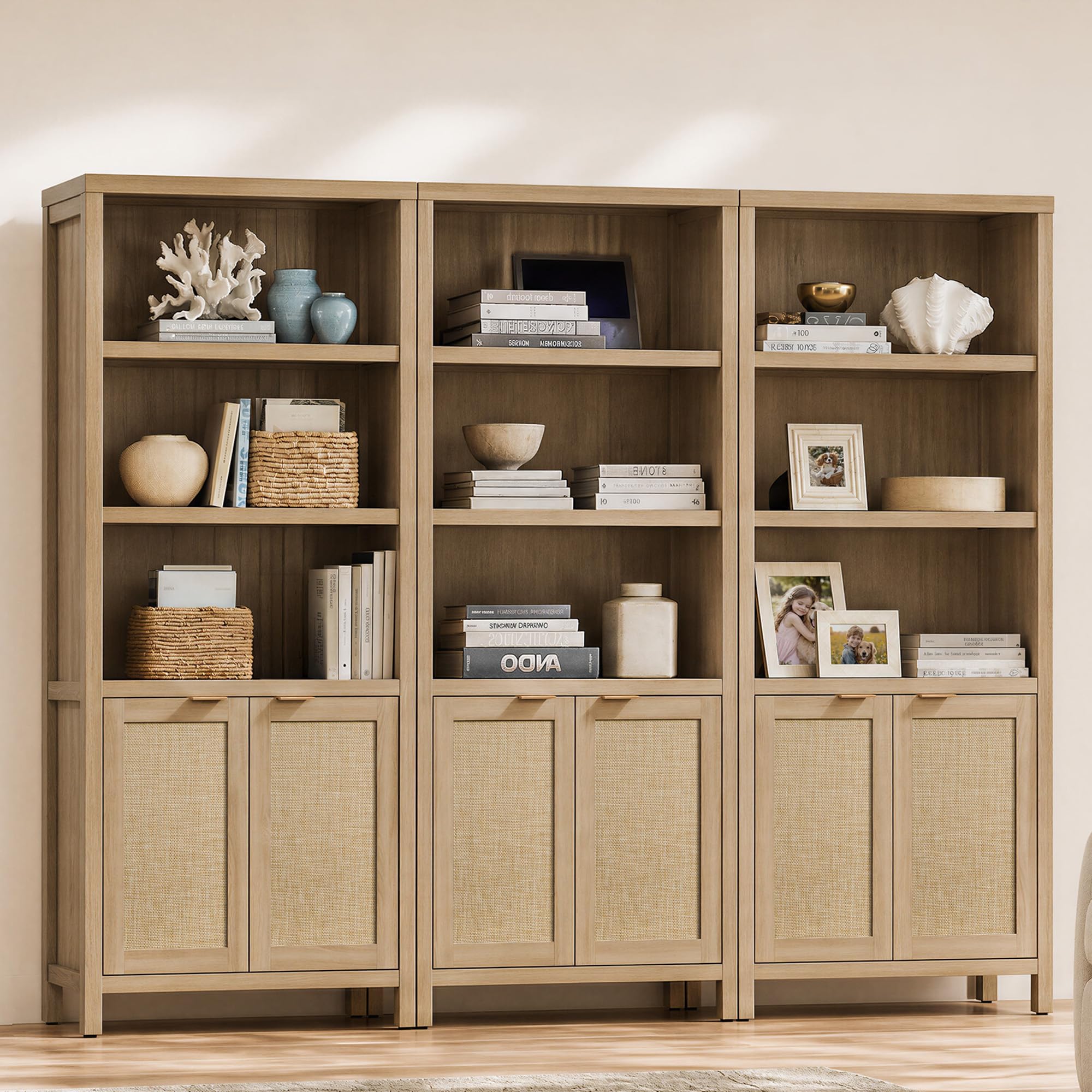 SICOTAS 71" Tall Bookcase 5 Tier Rattan Bookshelf with Doors for Library