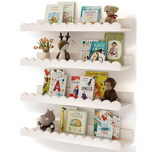 Nursery Book Shelves, 4-Pack White Floating Shelves for Wall Kids, Scalloped Shelves, Wall Book Shelves for Bedroom Kids, Toddler Room, Baby Room, Nursery Decor