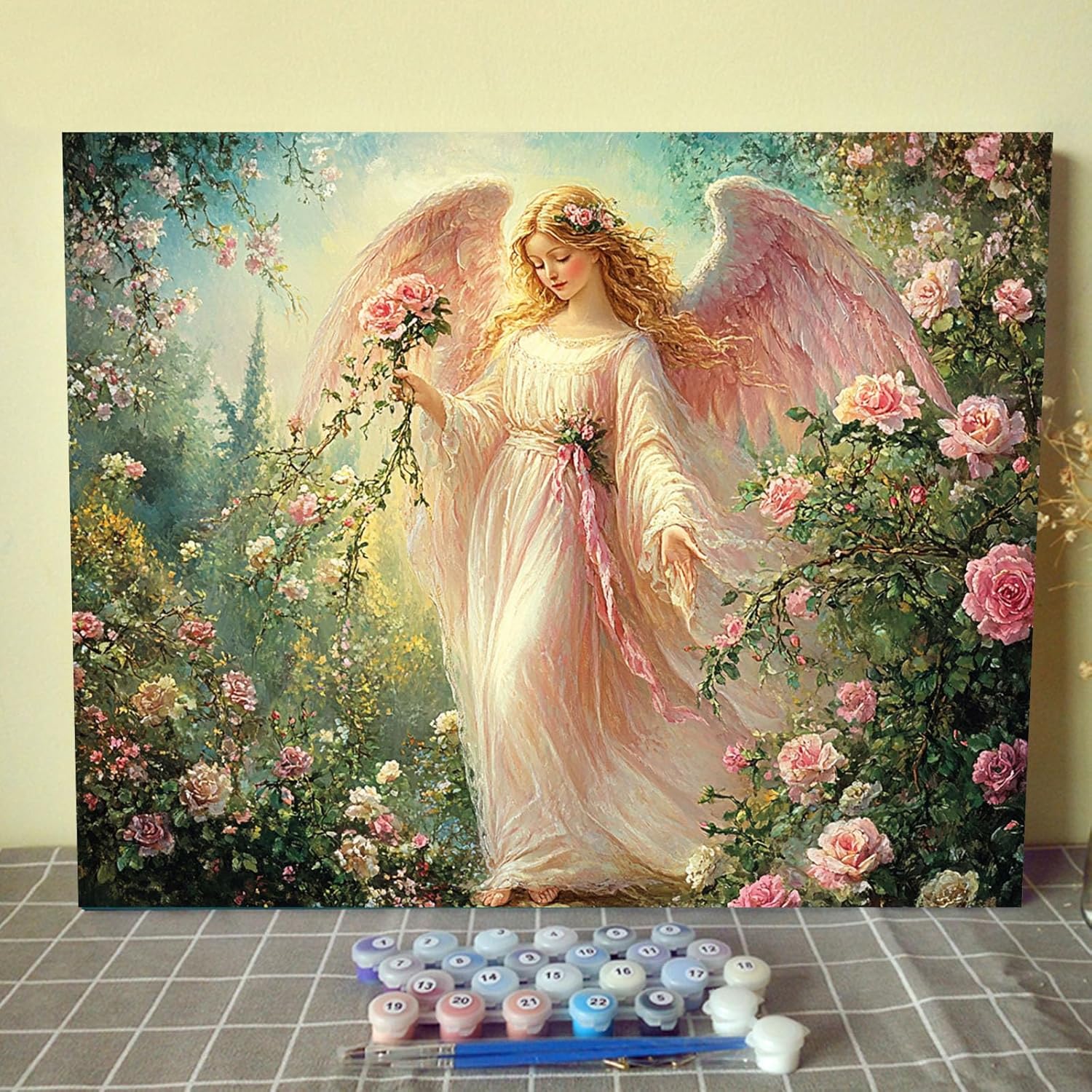 Tucocoo Angel Garden Roses Paint by Numbers Kits with Brushes and Acrylic Pigment on Canvas Painting for Adults, Romantic Girl Dreamy Pink Flower Picture for Home Decor Gifts 16''x20'' (DIY Framed)