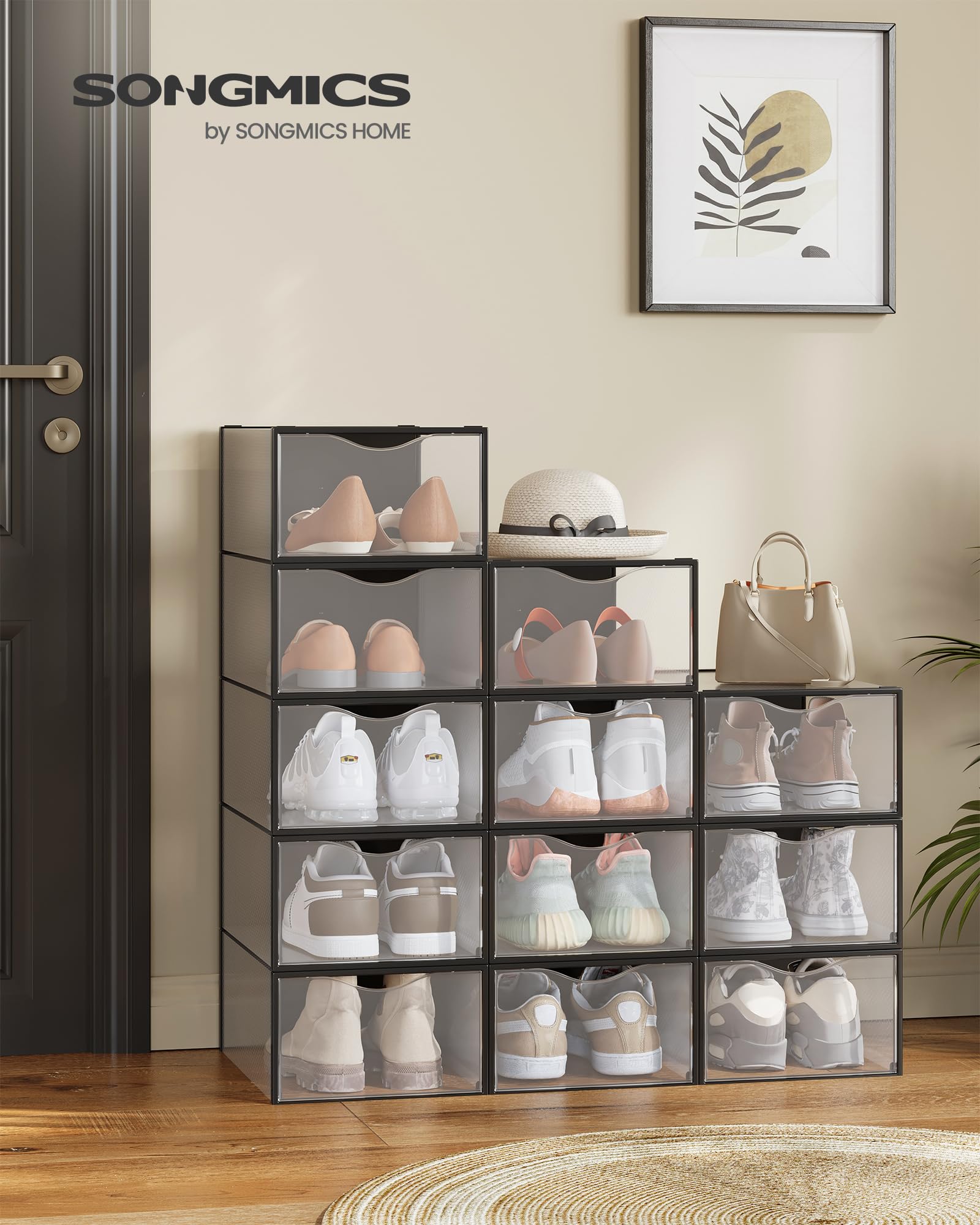 SONGMICS Przezroczyste pudełka na buty, zestaw 12 organów do przechowywania butów, przezroczyste, łatwy montaż, 33,2 x 23 x 14,5 cm, na buty do rozmiaru 42, przezroczyste i czarne atrament LSP312B01