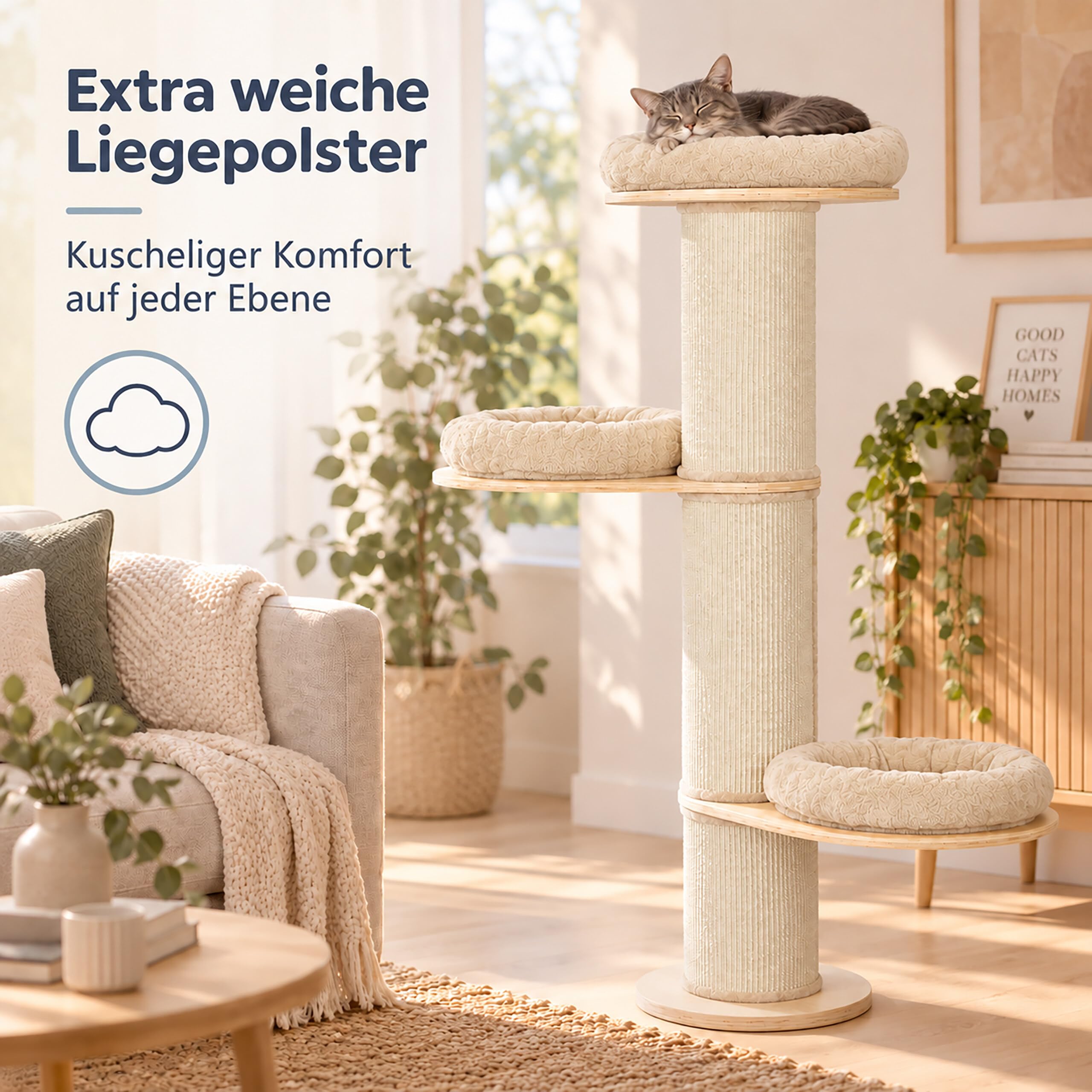 Relaxdays Kratzbaum, 3 Liegeflächen, mit Kissen, beige, Natur