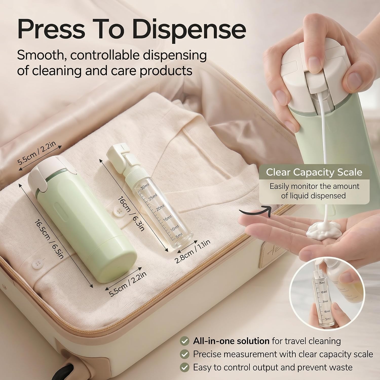 4 in 1 Travel Dispenser Bottle Set, Leak-Proof, Lightweight, Refillable Squeeze Bottles for Travel Toiletries (Green)