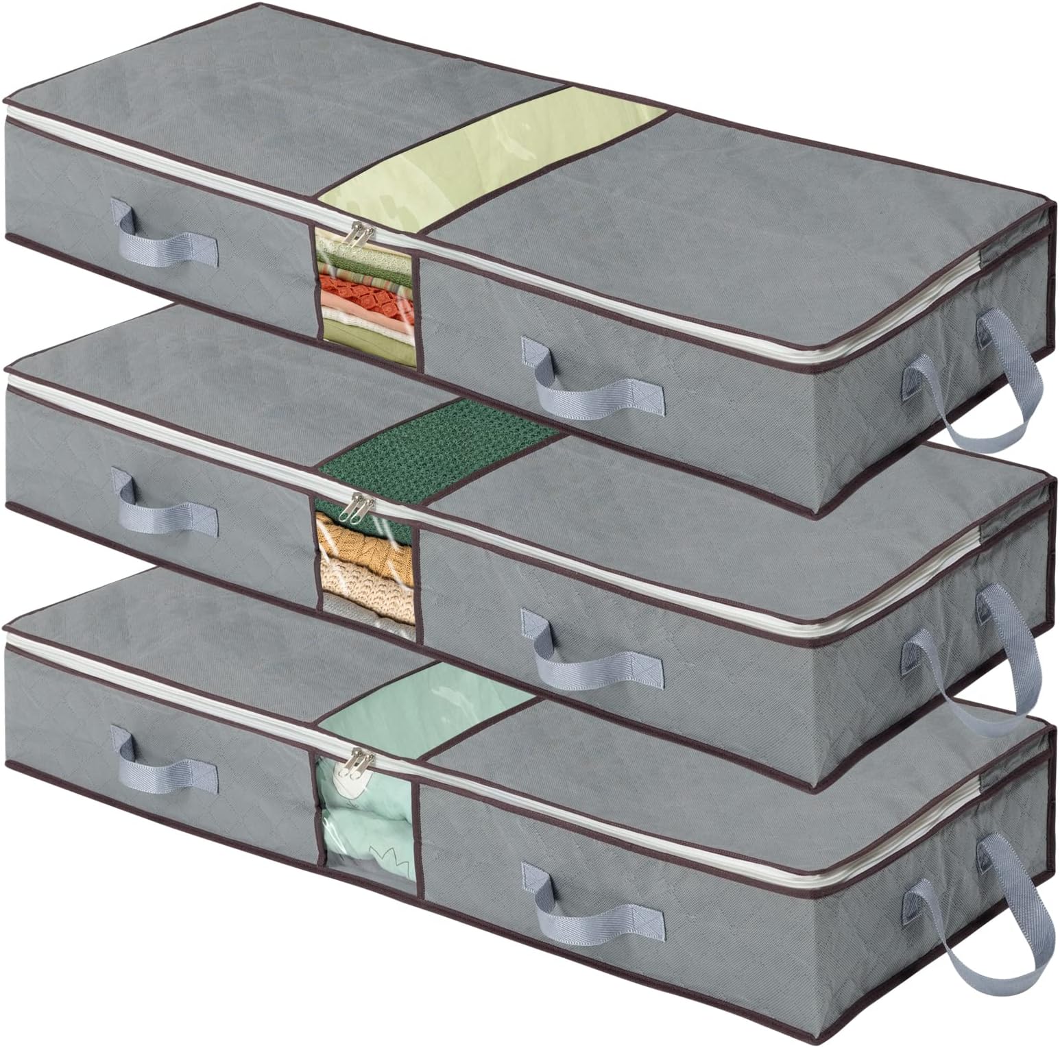 combocube Jumbo Zippered Storage Bins, Under Bed Storage Organizers for King Comforter, Blanket with Large Window & Carry Handles Space Saver, 3PCS underBed Grey