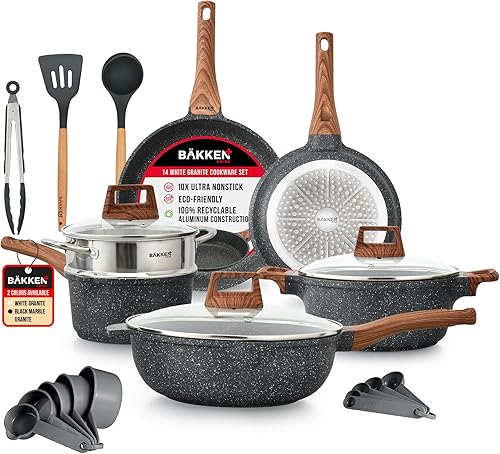 Bakken-Swiss - Juego de utensilios de cocina de 14 piezas, antiadherentes de granito, ecológicos, para todas las estufas y hornos, revestimiento de