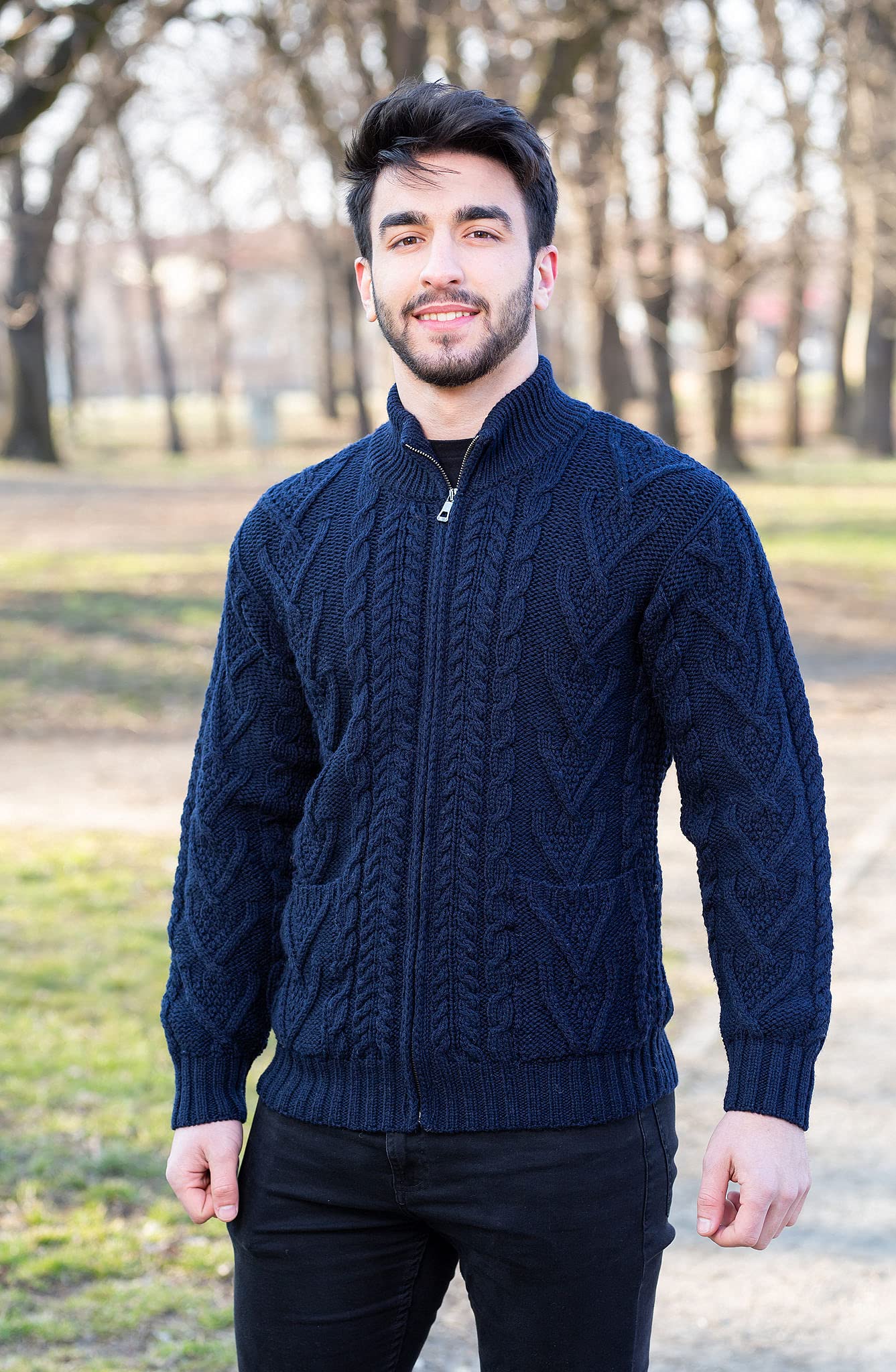 SAOL Cardigan da uomo in 100% lana merino, con cerniera, lavorato a maglia, caldo, invernale, con tasche in antracite/verde militare
