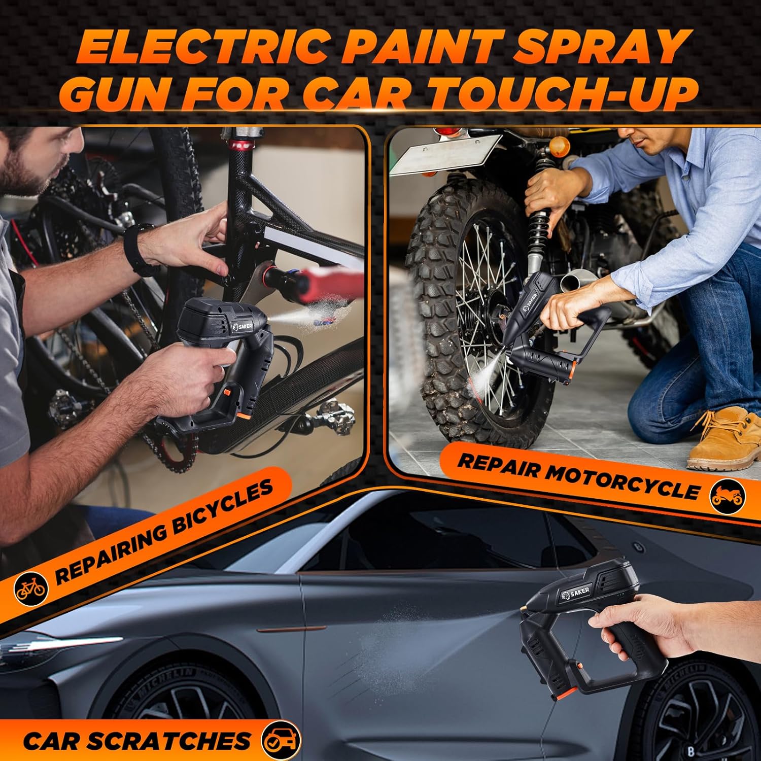 Collage of images showing the paint sprayer being used for car touch-up, furniture repair, general painting, DIY projects, and outdoor railings.