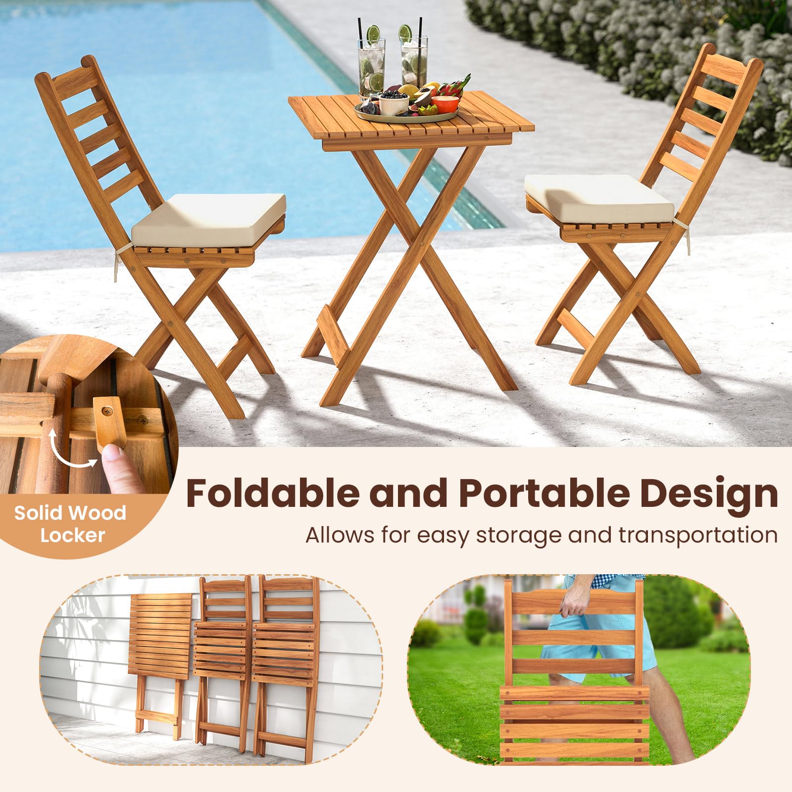 KOMFOTTEU Salon de Jardin en Bois d'Acacia 3 Pièces Pliable pour Balcon