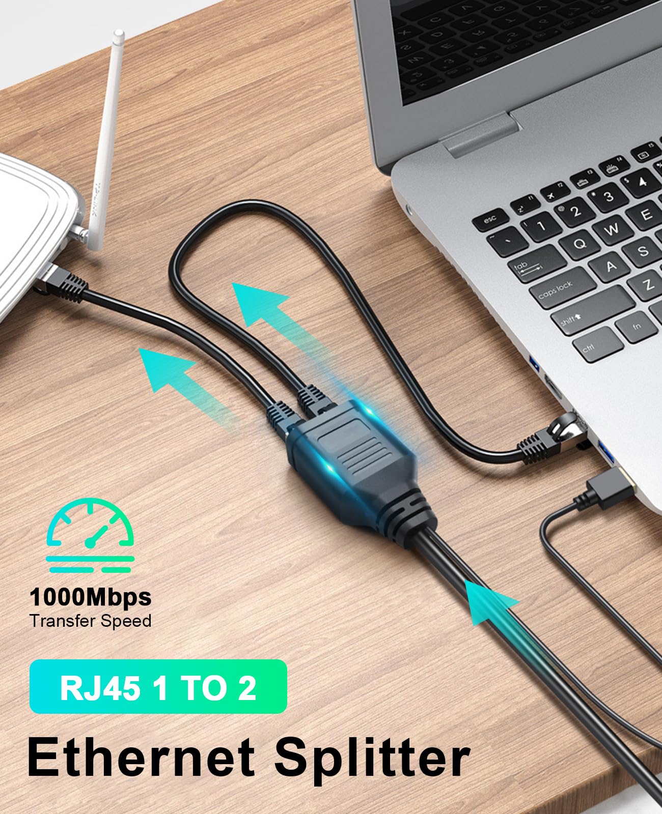 Duttek Ethernet Splitter 1 to 2 High Speed 1000Mbps, Gigabit Ethernet Splitter, Network LAN Splitter Adapter, RJ45 Splitter Cable with Power USB2.0 Cable 40cm for Cat7/Cat6 (Simultaneously Internet)