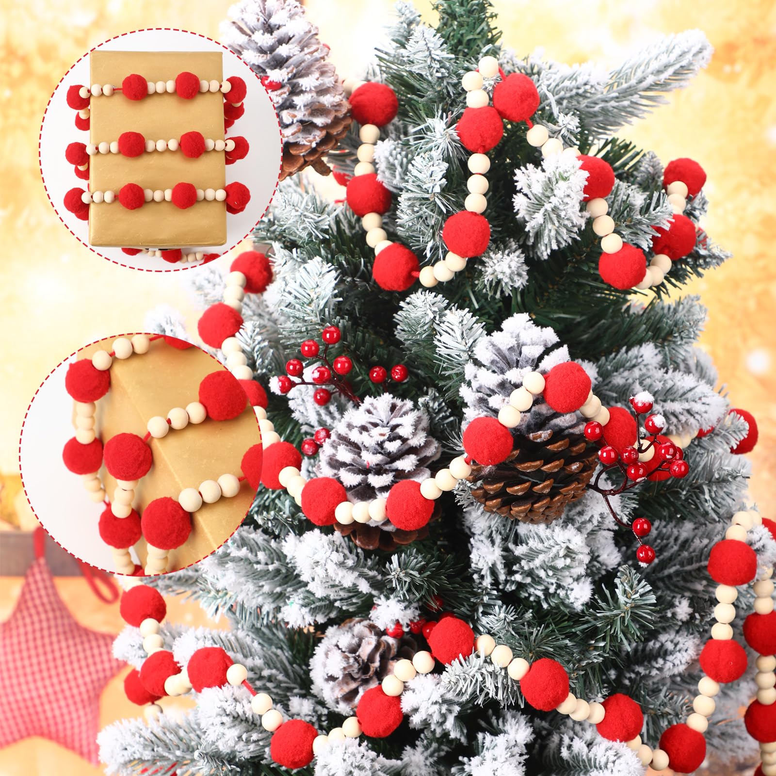 Barydat Guirnalda de bolas de fieltro rojo de 6 pies con cuentas de madera, guirnalda de pompones, guirnalda de fieltro, guirnalda de pompones, guirnalda de Navidad, decoración de árbol de Navidad