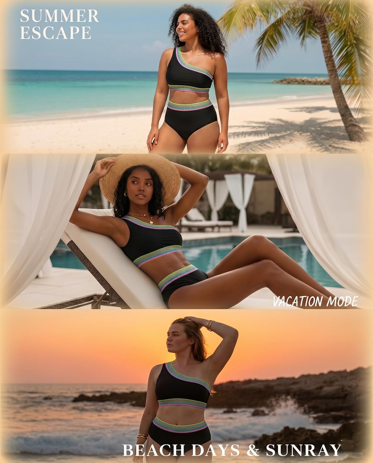 Tempt Me Women High Waisted Bikini Set - One Shoulder Two Piece Swimsuits Color Block Bathing Suits with Swimwear Bottom