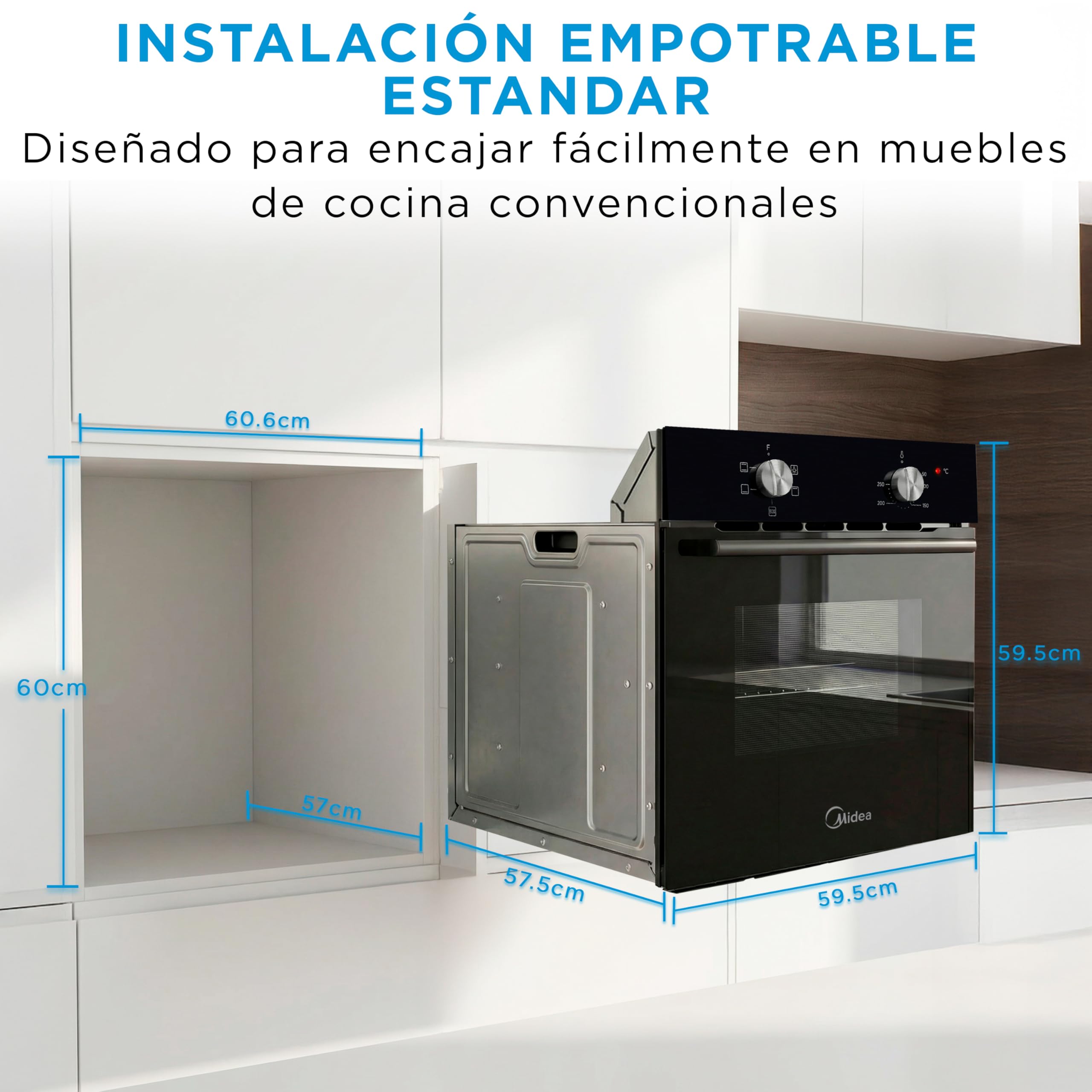 Midea Horno Electrico Empotrable Convencional de 70L y 2100W - Horno Integrable Negro con 4 funciones, Modo ECO - Hornos con Luz Led de Bajo Consumo, Puerta Doble Cristal, Bandeja Universal, y Rejilla