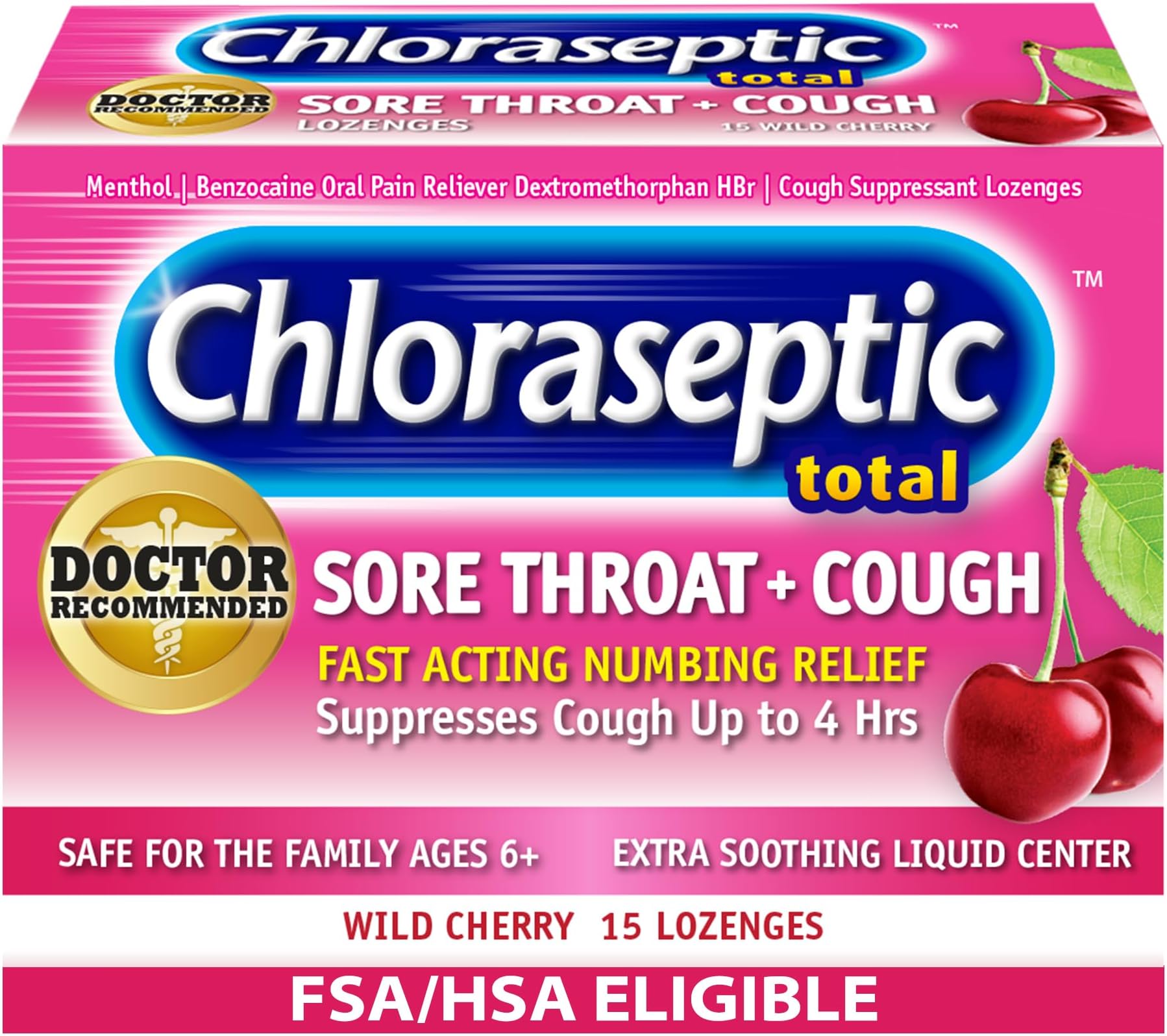 Total Sore Throat & Cough Lozenges, Wild Cherry, Cough Drops with Liquid Center to Numb Sore Throat for Up to 4 Hours, 15 Count, Pack of 6