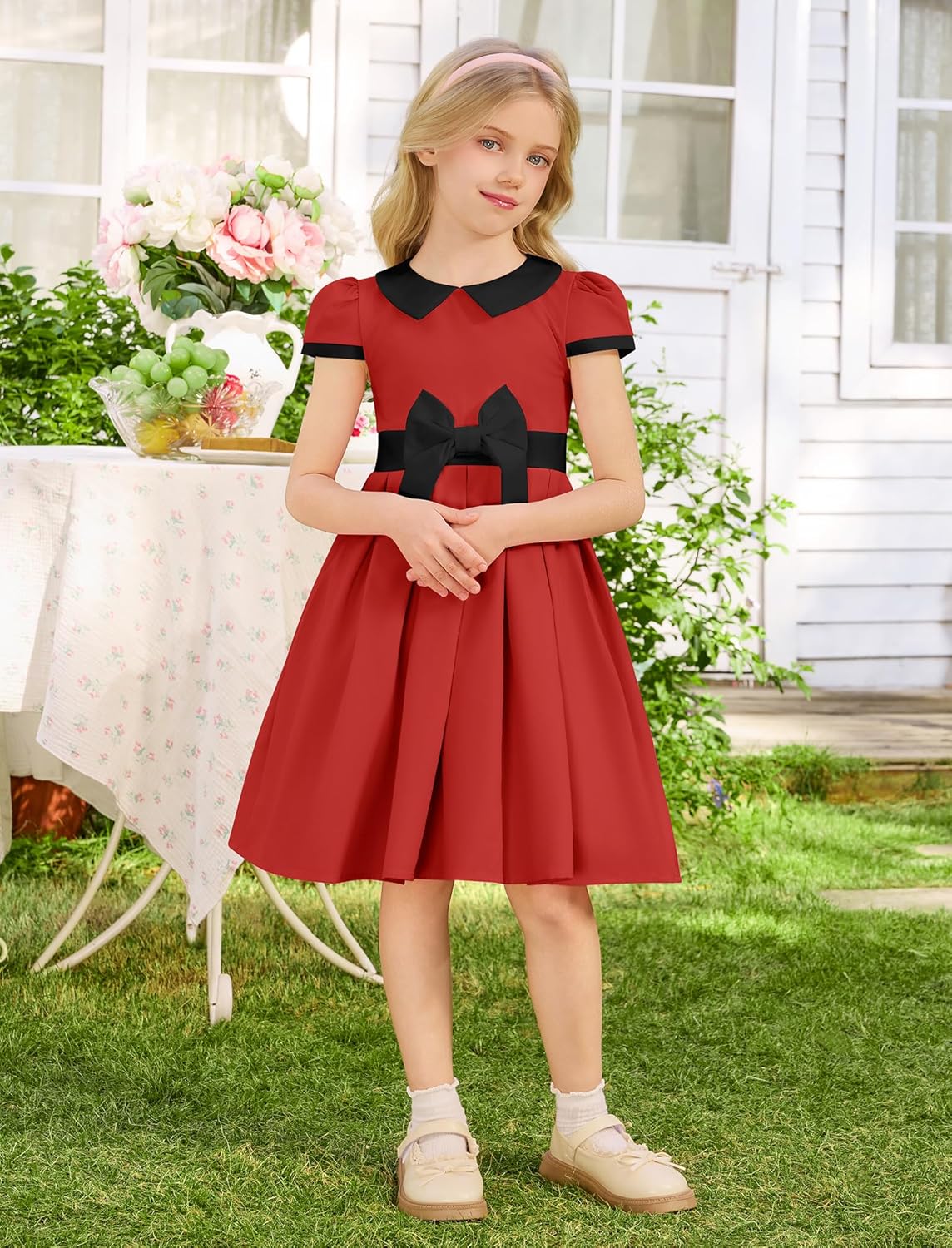 ODIZLI Kids Girls 1950s Retro Vintage Dress Short Puff Sleeve Contrast Panel Swing Party Dresses - Image 5