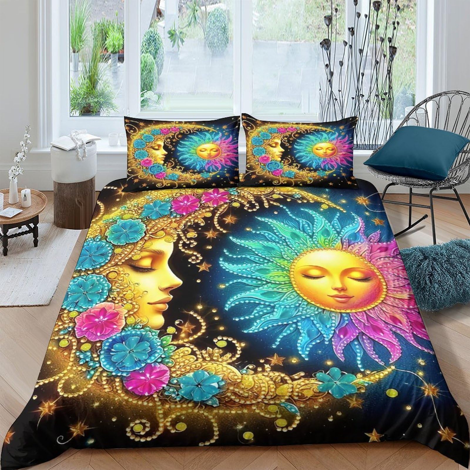 Parure de lit hypoallergénique Soleil et Lune housse 200x200cm pour éviter la transpiration