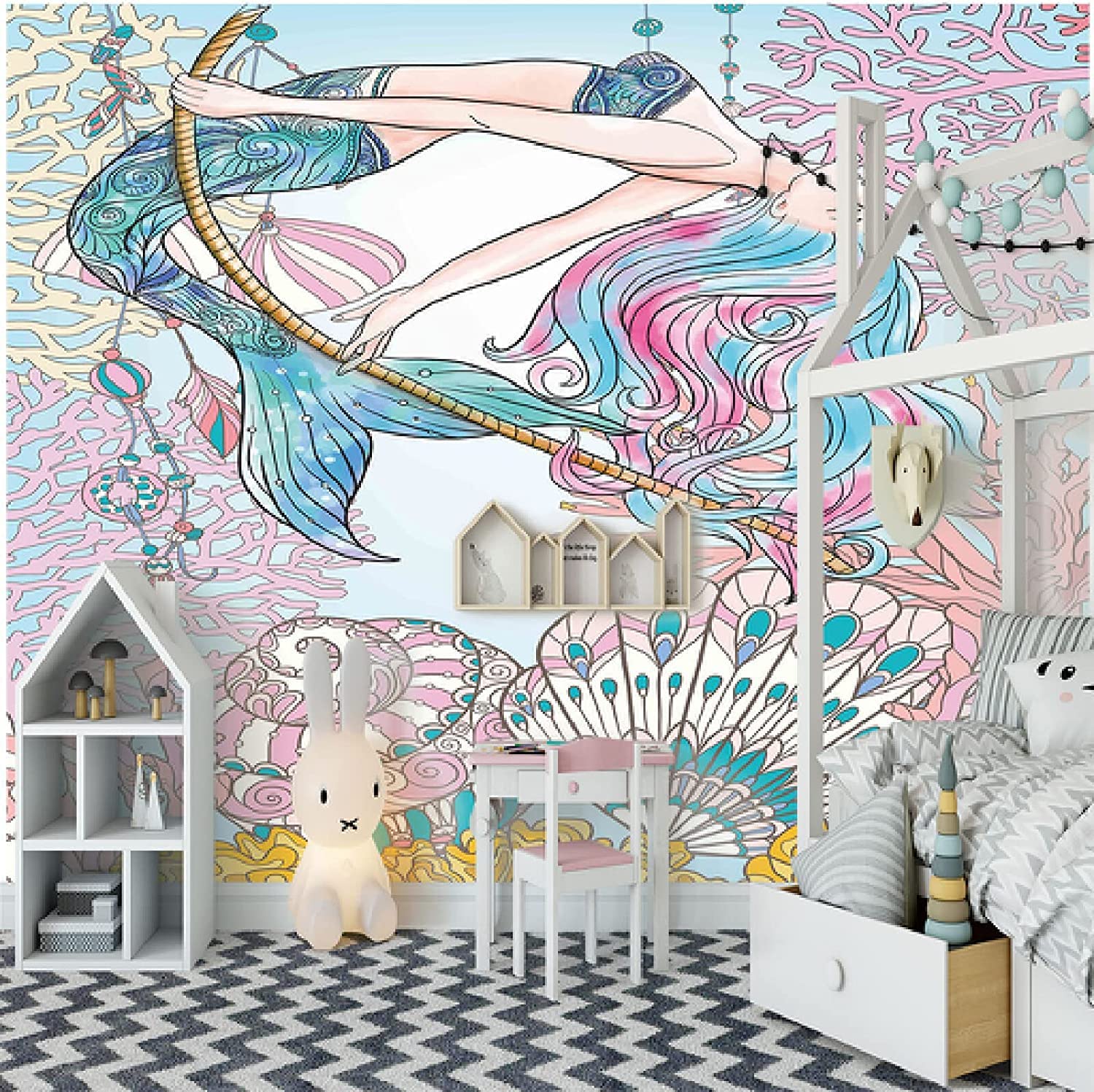 Estilo Europeo 3D Dibujos Animados De Sirena Océano Coral Murales Fotográficos Papel Tapiz Sala De Estar Hotel Fondo De Lujo Pintura De Pared Decoración Peel And Stick Carteles 250(ancho)x175(alto)cm