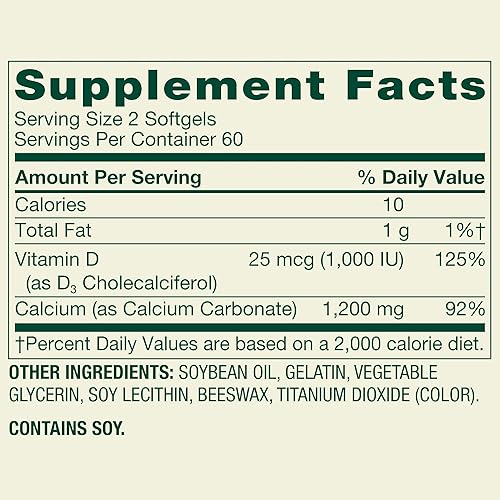 Miniatura 9 de Spring Valley Calcio 600 mg + vitamina D3, 120 cápsulas blandas, salud ósea, dientes fuertes y apoyo para la osteoporosis, cápsulas de liberación