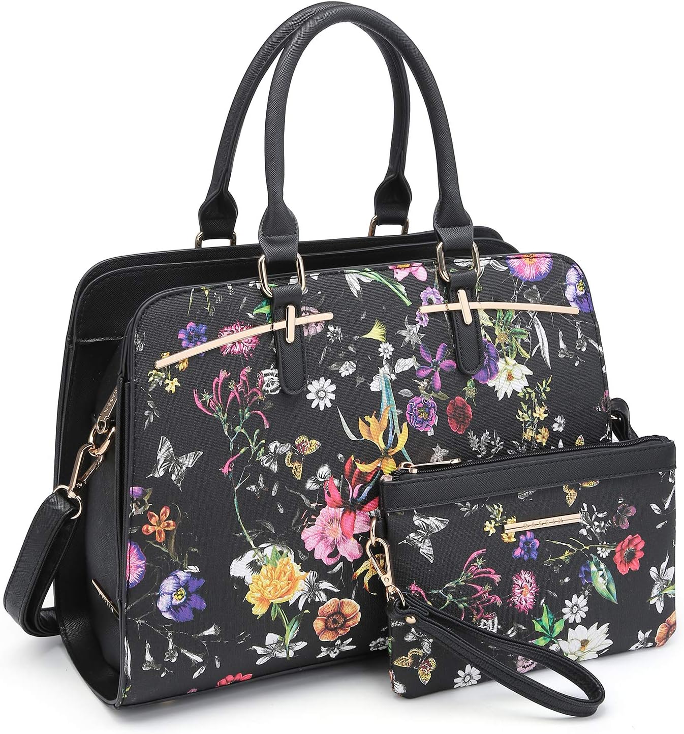 Dasein Women Satchel Handbags Shoulder Purses Totes Top Handle Work Bags with 3 Compartments, 1-black Flower, M