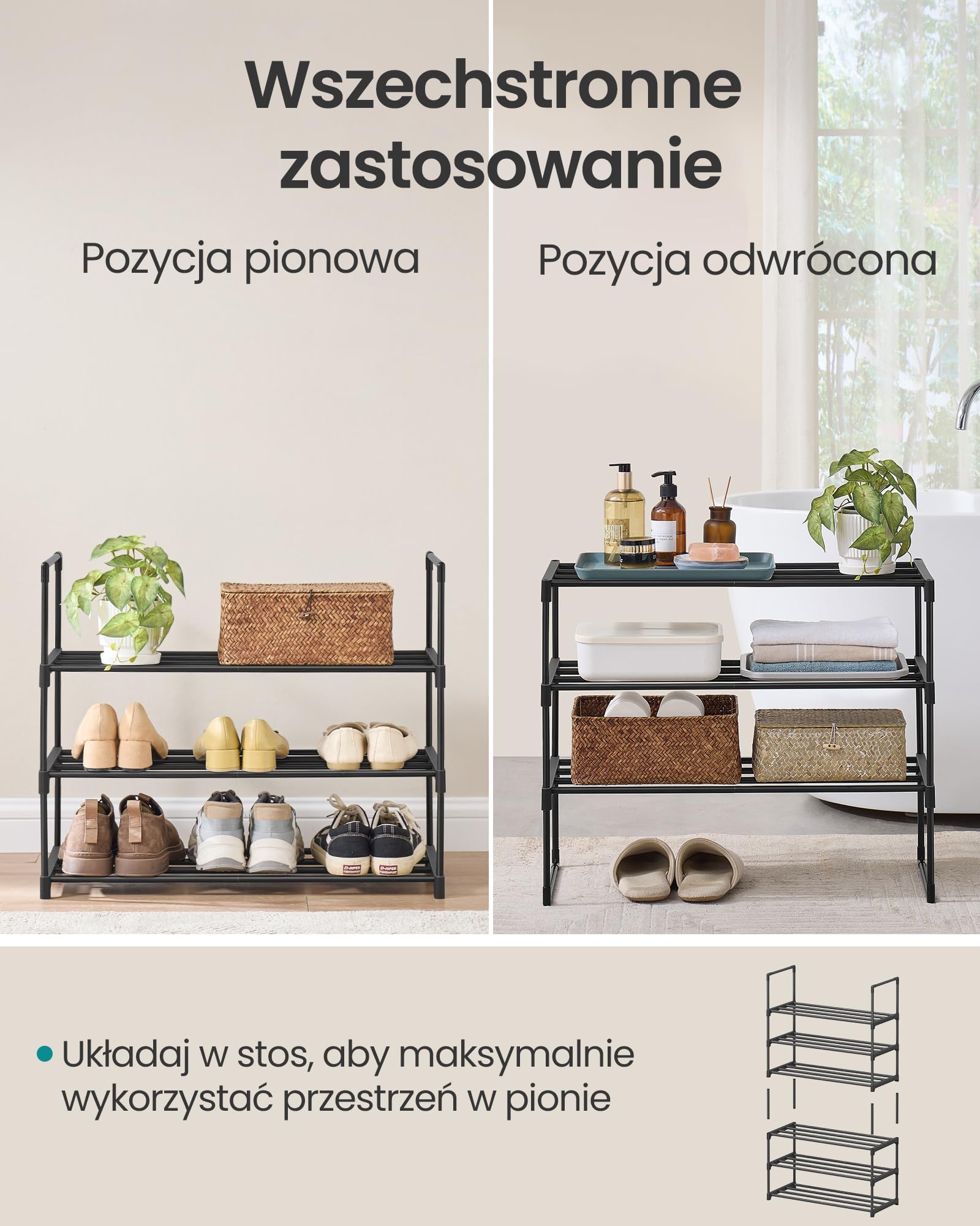 SONGMICS 3-poziomowy stojak na buty, metalowy organizer na buty, pionowy lub do góry nogami, na 8-12 par butów, 30 x 68 x 55 cm, czarny LSA203B01