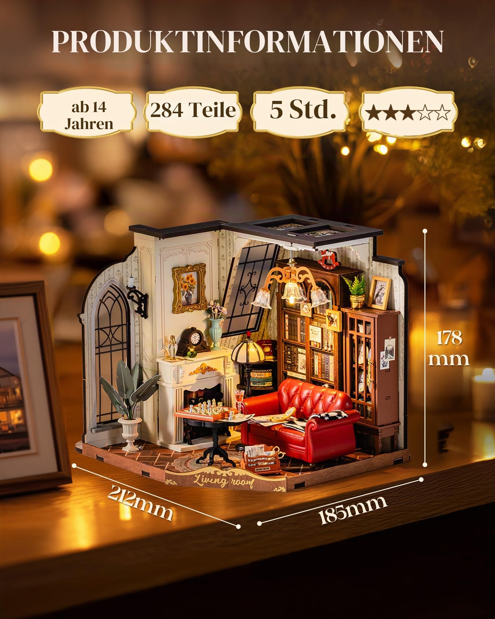 ROBOTIME Miniaturhaus-Bausatz Catherine's Living Room, Puppenhaus-Modell aus Holz mit LED-Beleuchtung, Kreativ-Bausatz für Erwachsene, Vintage-Geschenk für Frauen oder Mädchen