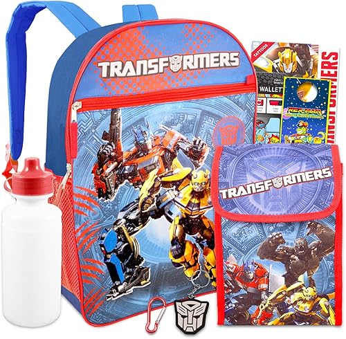 Screen Legends Mochila Transformers con juego de fiambrera, paquete con mochila Transformers de 15 pulgadas, bolsa de almuerzo, tatuajes, cartera de