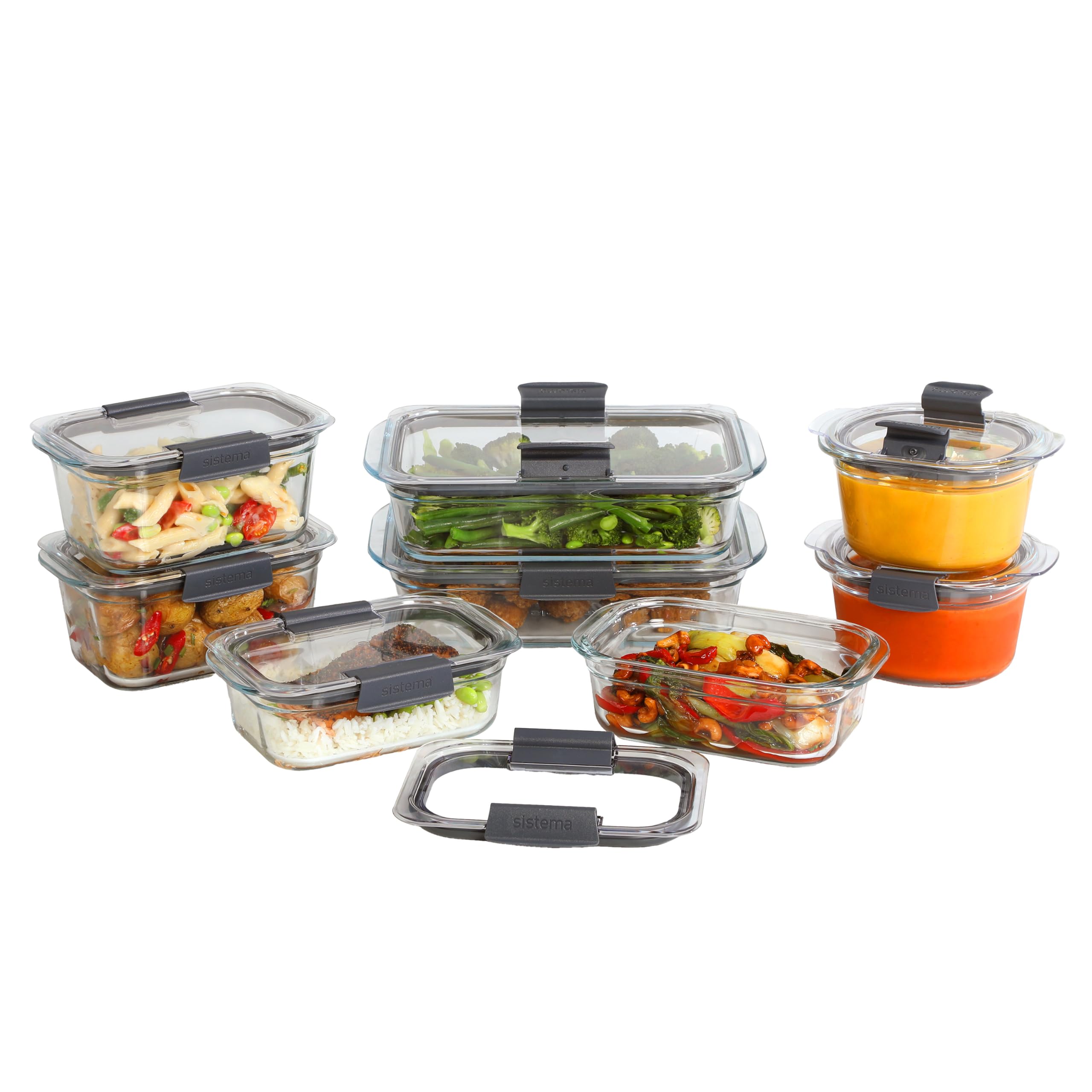 Juego de 8 herméticos de vidrio Sistema Brilliance, 100% herméticos y a prueba de fugas, con válvulas para microondas que evitan salpicaduras, base apta para horno y freidora aire