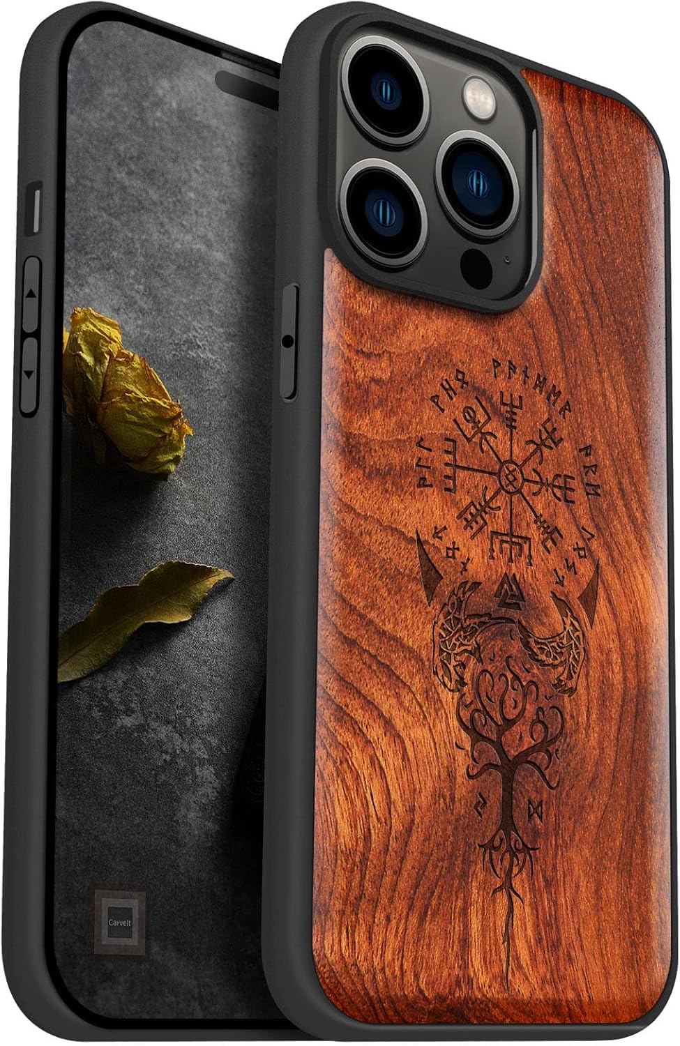 Carveit Magnetic Wood Case for iPhone 14 Pro Max [Natural Wood & Black Soft TPU] Unique & Classy Wooden Shockproof Protective Cover Compatible with magsafe (Viking -Rosy)