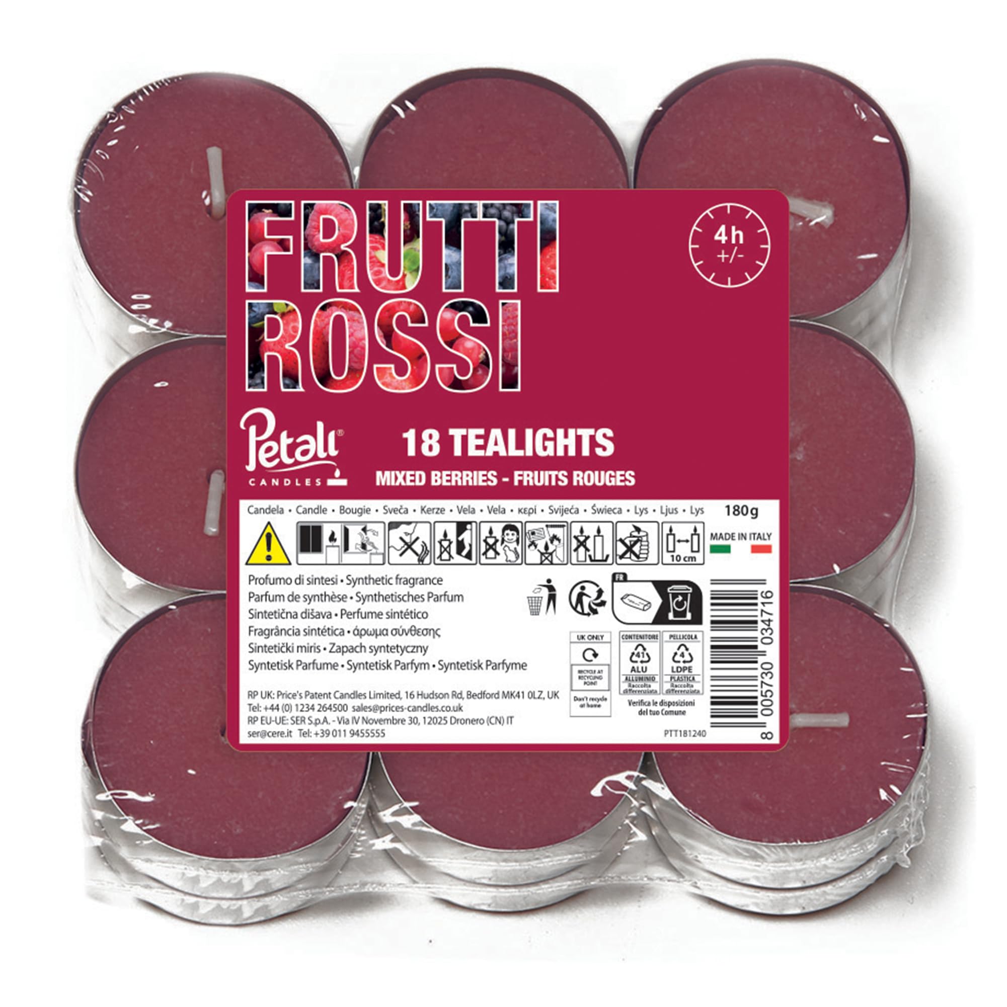 Price's Candles Petali Range Mixed Berries Pack of 18 Scented Tea Lights Long Burning Tealight Candles with 4 Hour Burn Time for Home Décor and Events
