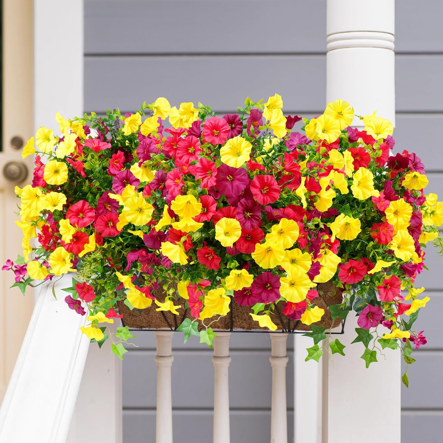 2 Bundles Artificial Flowers for Outdoors with Ground Spikes,21.65 Inch Morning Glory Eucalyptus Topiary Ball Trees, UV Resistant Faux Shrubs Fake Plants for Porch Outdoor Garden Decor (Muti-Color) - Image 2