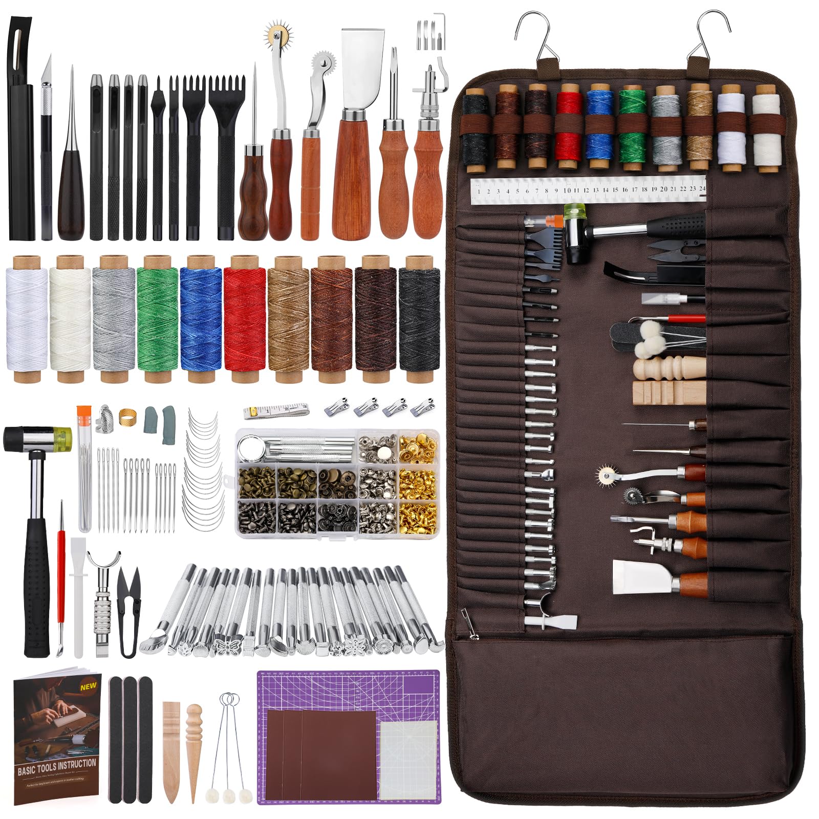 Leder Werkzeug Set, Lederverarbeitung, Leder Nähen Set Mit Lederschnitzwerkzeuge, Krappenstanzwerkzeuge, Mit Aufbewahrungstasche Lederbearbeitung für Lederarbeiten Handnähen