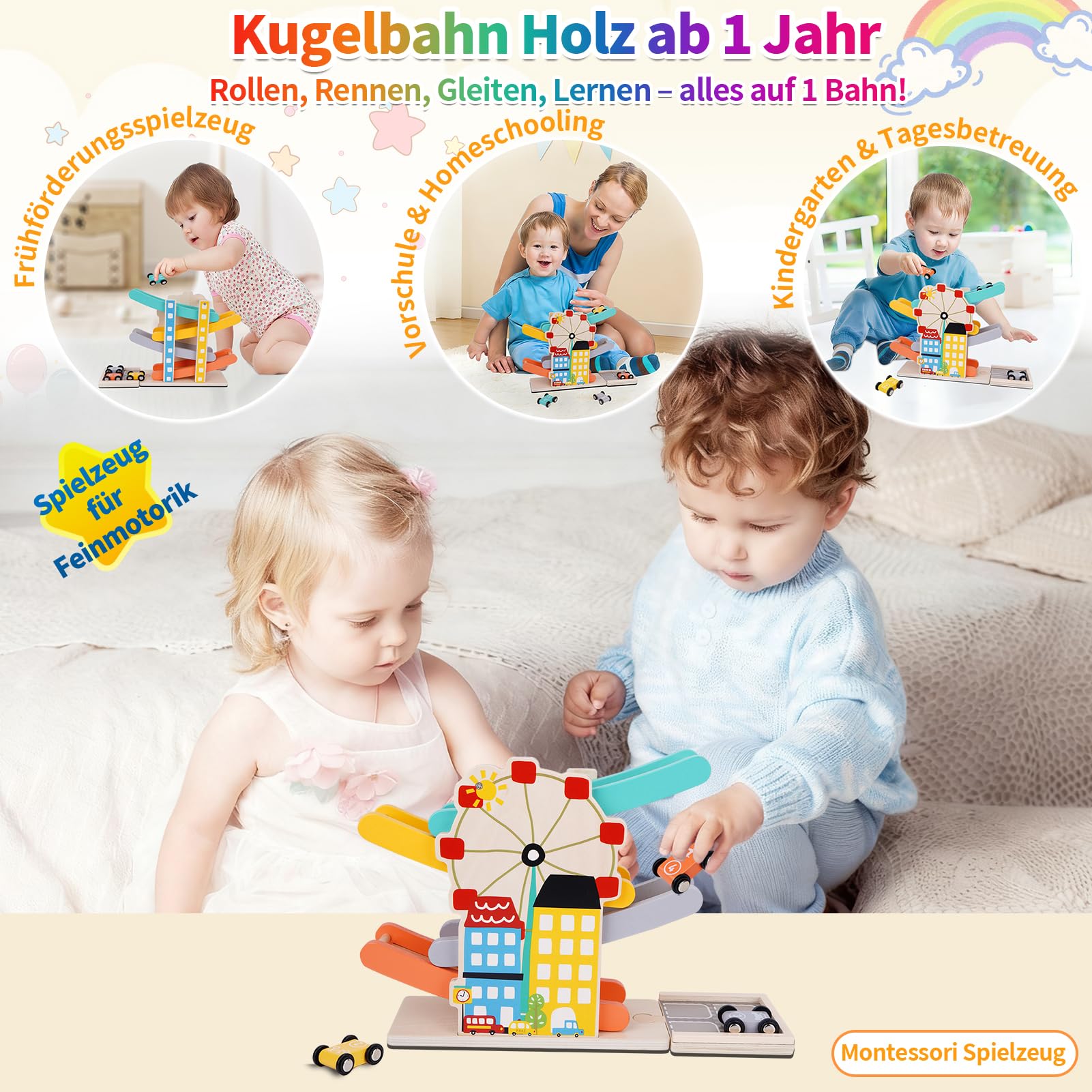 FCSONU Kinder Montessori Spielzeug ab 1-4 Jahre, Autorennbahn/Murmelbahn/Kugelbahn Holz ab 1 Jahr, Kinderspielzeug Holzspielzeug ab 1 2 3 Jahr, Weihnachten Geburtstag Geschenk für Junge Mädchen Baby