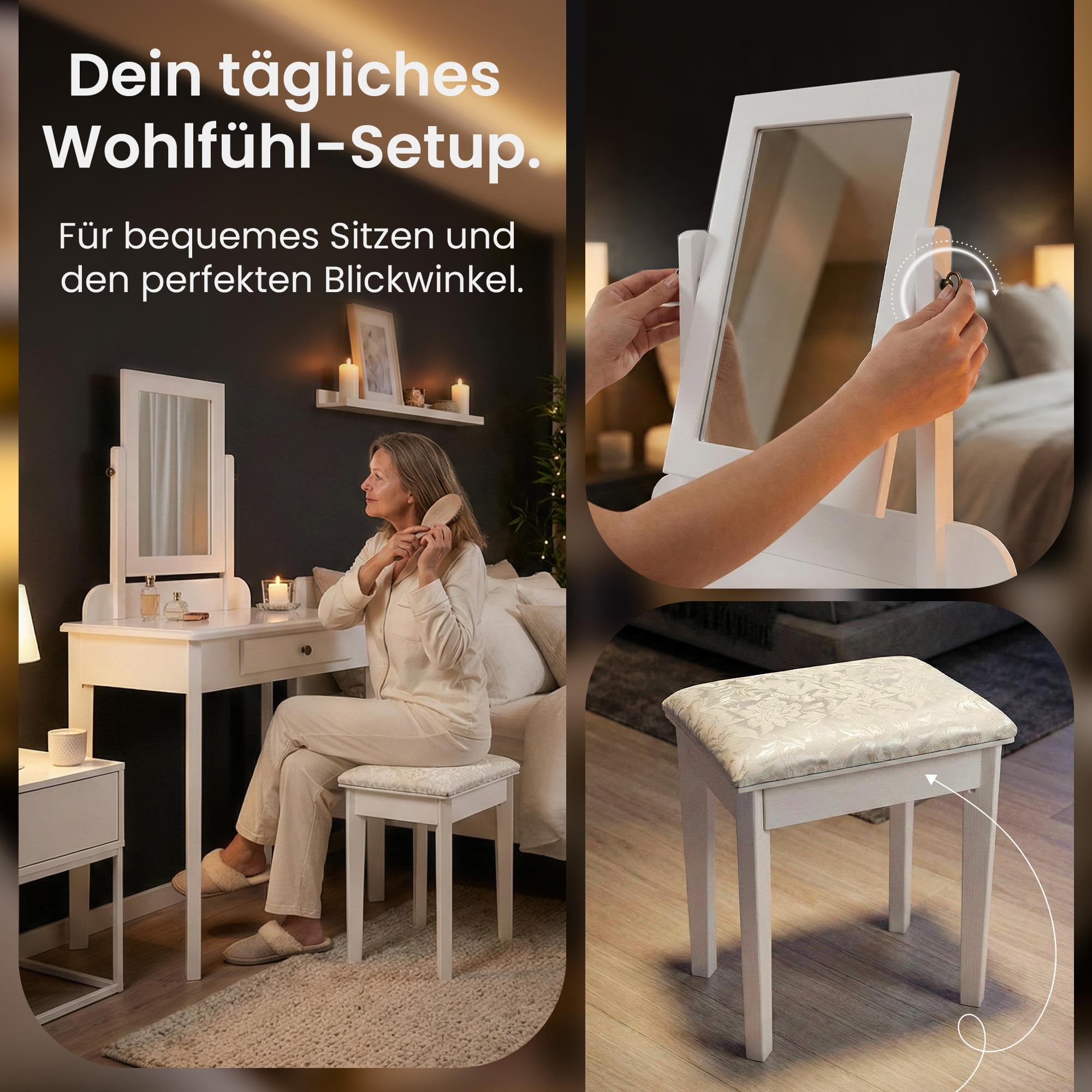 CLP Schminktisch Set mit Hocker und Spiegel Velia, Kosmetiktisch mit Schublade, Sitz gepolstert, Gestell aus Pappelholz Farbe weiß