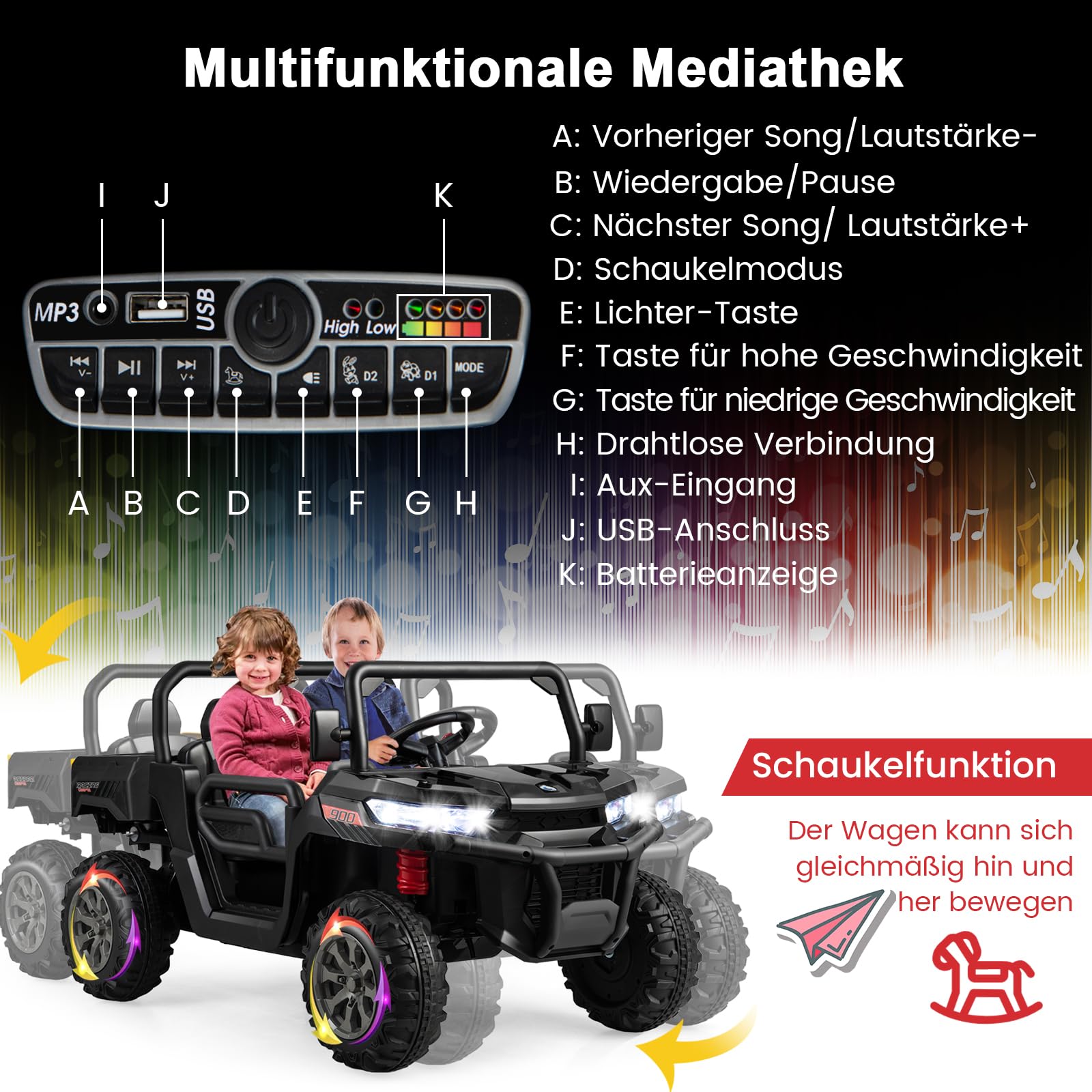 COSTWAY Kinder Elektroauto 2 Sitzer, 12V Kinderauto mit elektrischer Kippmulde, Schaufel & 2,4GHz Fernbedienung, Elektrofahrzeuge mit Musik, Hupen und Scheinwerfer, für Kinder ab 3 Jahren (Schwarz)