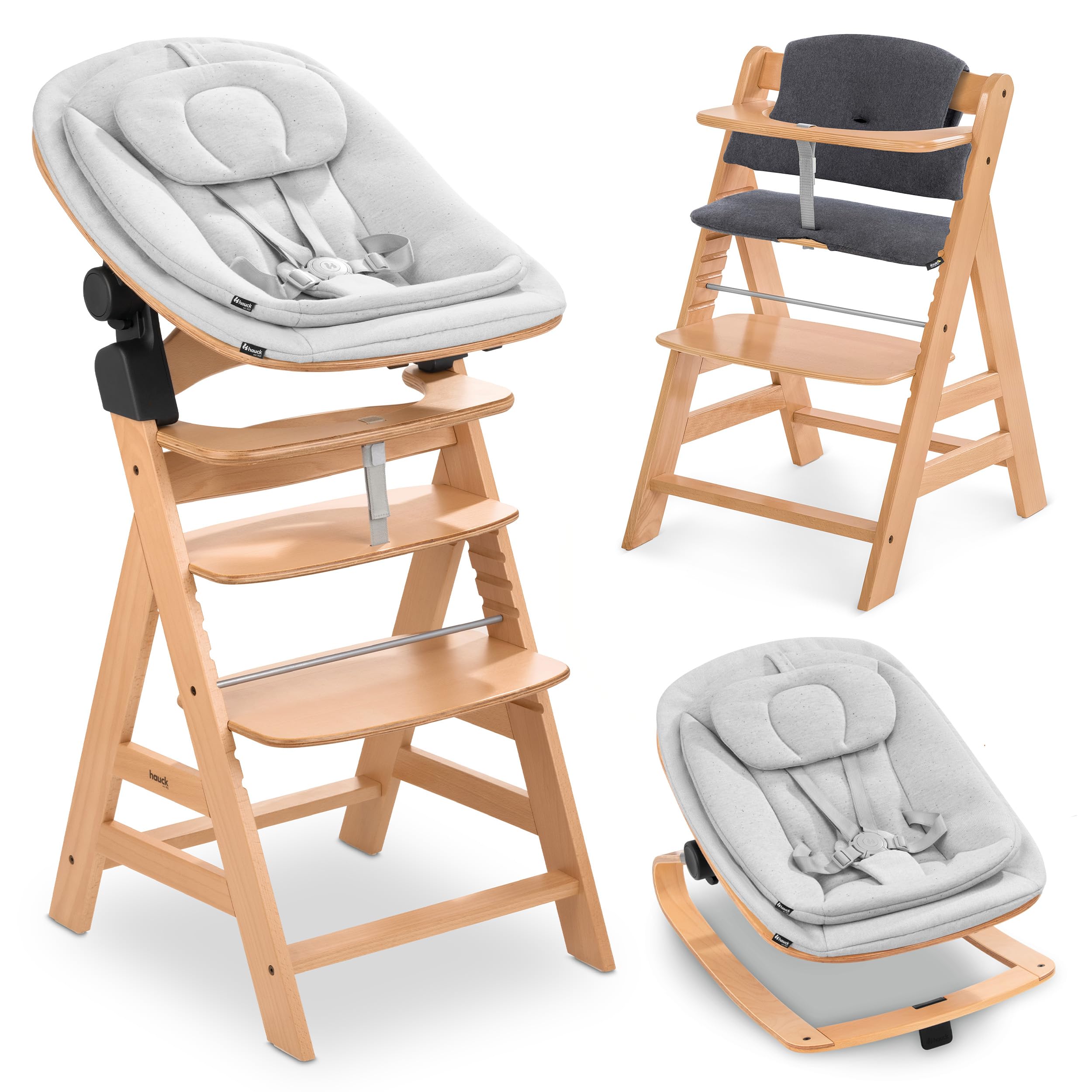 hauck Seggiolone Alpha+ Newborn Set Eco Bouncer - Seggiolone Pappa Bimbi in Legno dalla Nascita con Sdraietta Neonato 2in1 Regolabile e Cuscino - Naturale