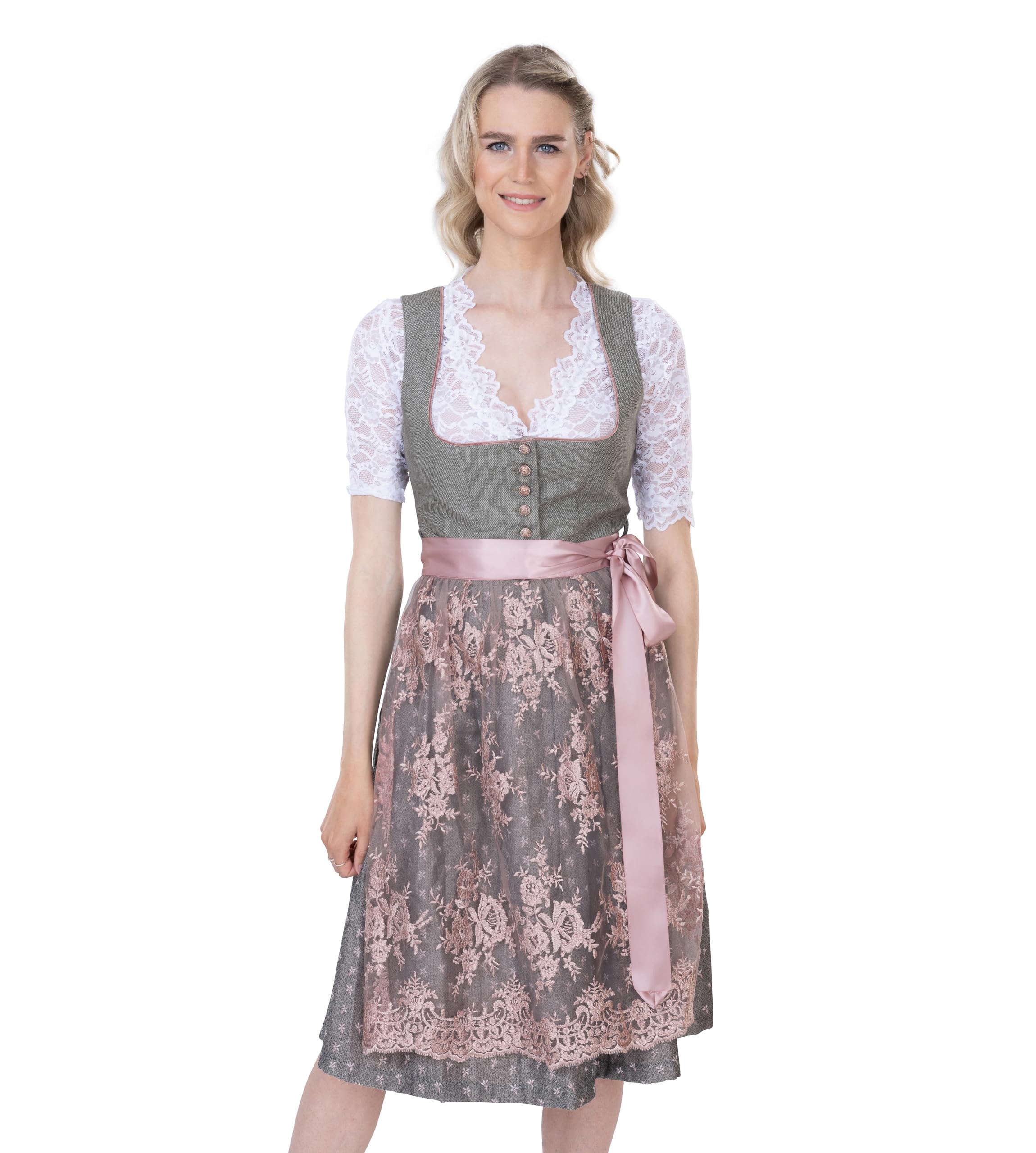 Schöneberger Dirndl Dirndl z zapięciem na guziki i koronkowym fartuchem – elegancki żakardowy Dirndl w kolorze różowym/szarym – Midi Isabella