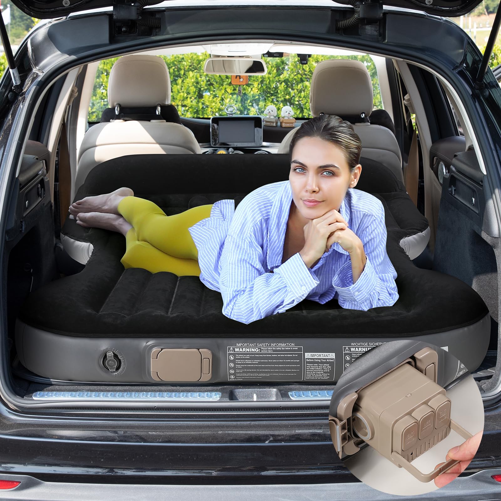 KMZ Aufblasbare SUV Luftmatratze mit integrierter Luftpumpe dickere Beflockung selbstaufblasbar tragbares Luftbett für SUV MPV Camping Outdoor schnelles Aufblasen und Entleeren (Schwarz)