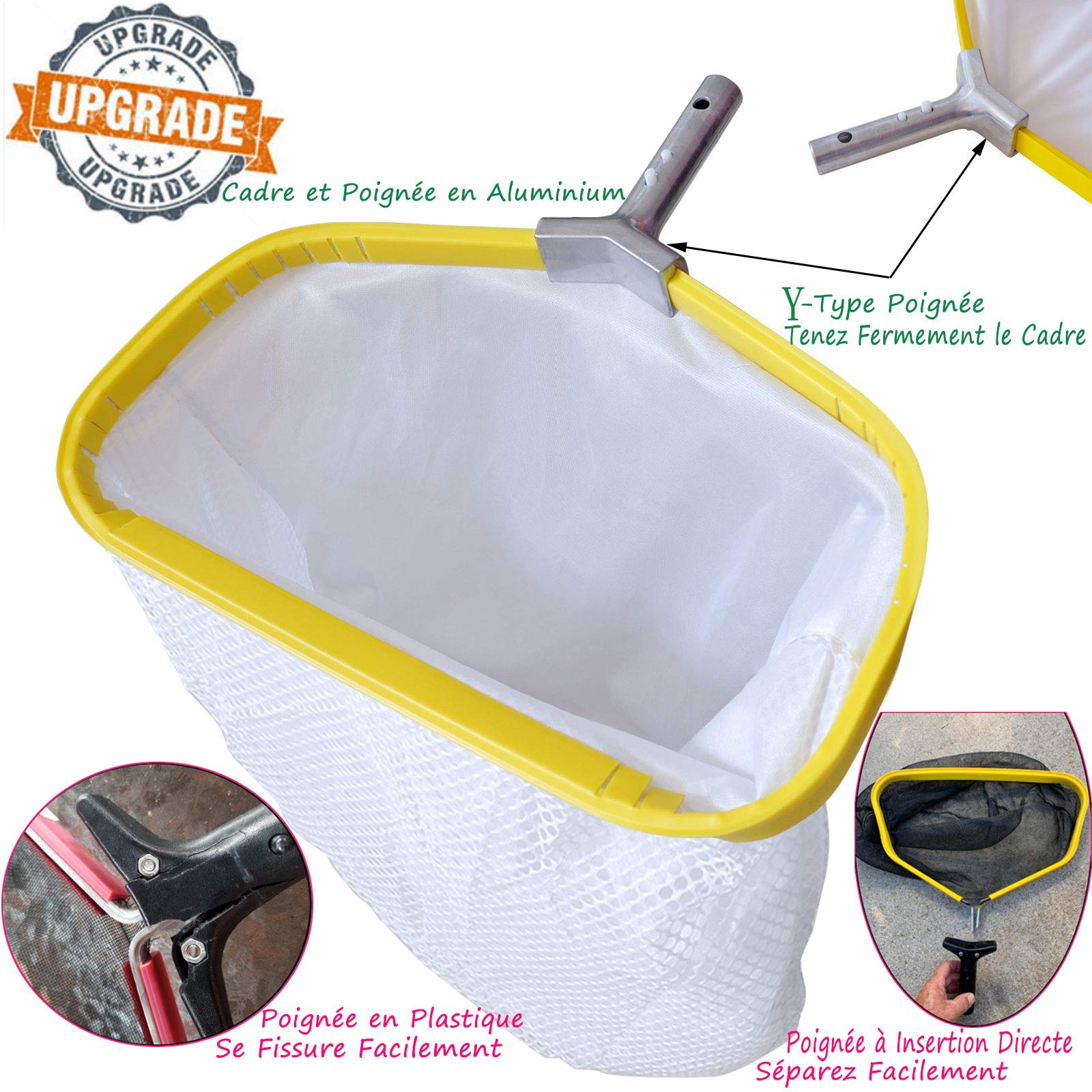 Professionnelle Piscine Épuisette, Lourd Fardeau Filet Profond avec Cadre en Aluminium, Robuste Maille Fine Balai pour Nettoyer Bassin Feuilles Pollens Insectes, Pool Skimmer Rake Net
