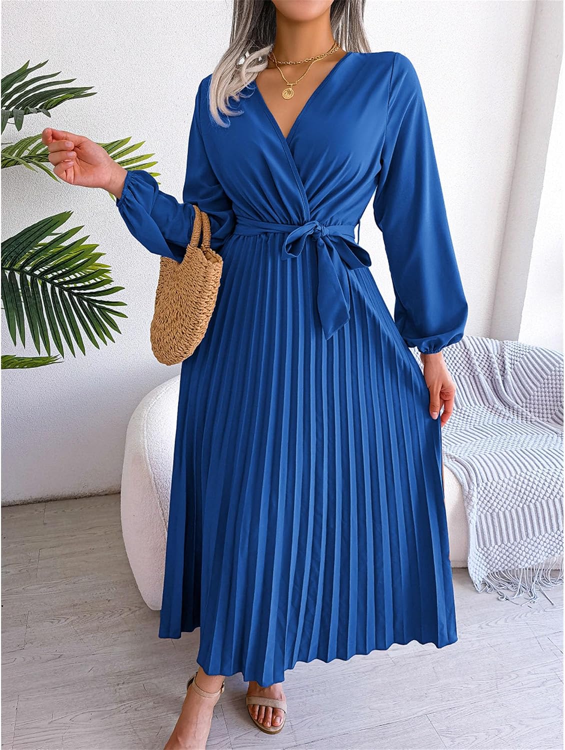 Womens Casual Dress Wrap V Neck Long Sleeve A Line Pleated Swing Dress Tie Waist Solid Flowy Dress for Wedding Guest