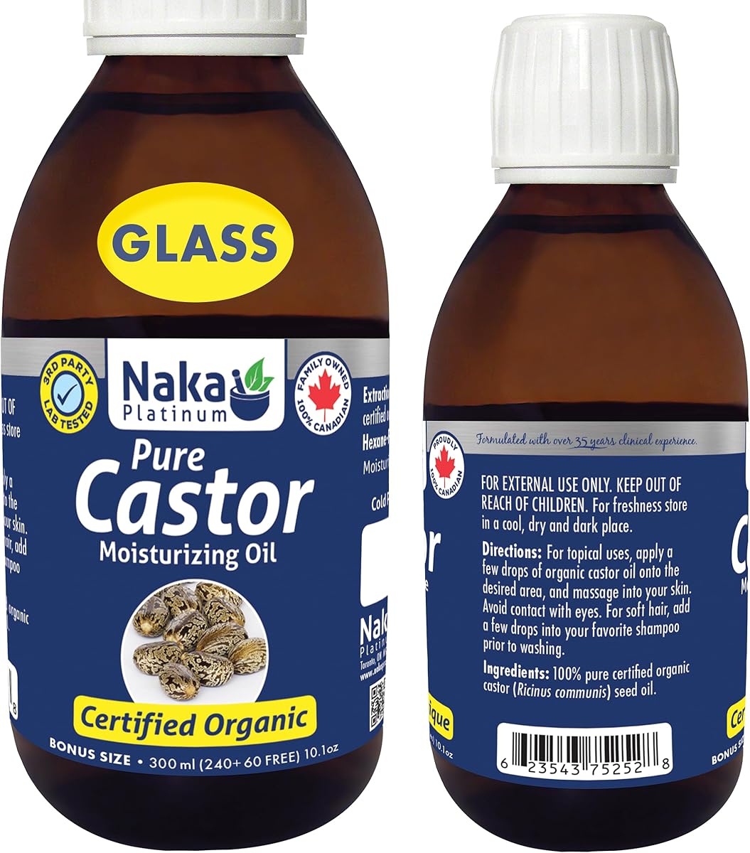 100% Canadian Naka - 300ml (10oz) Glass Bottle, ORGANIC GOLDEN CASTOR Oil, Cold Pressed, Hexane Free, Moisturizes, Softens and Nourishes Skin, Hair and Nails