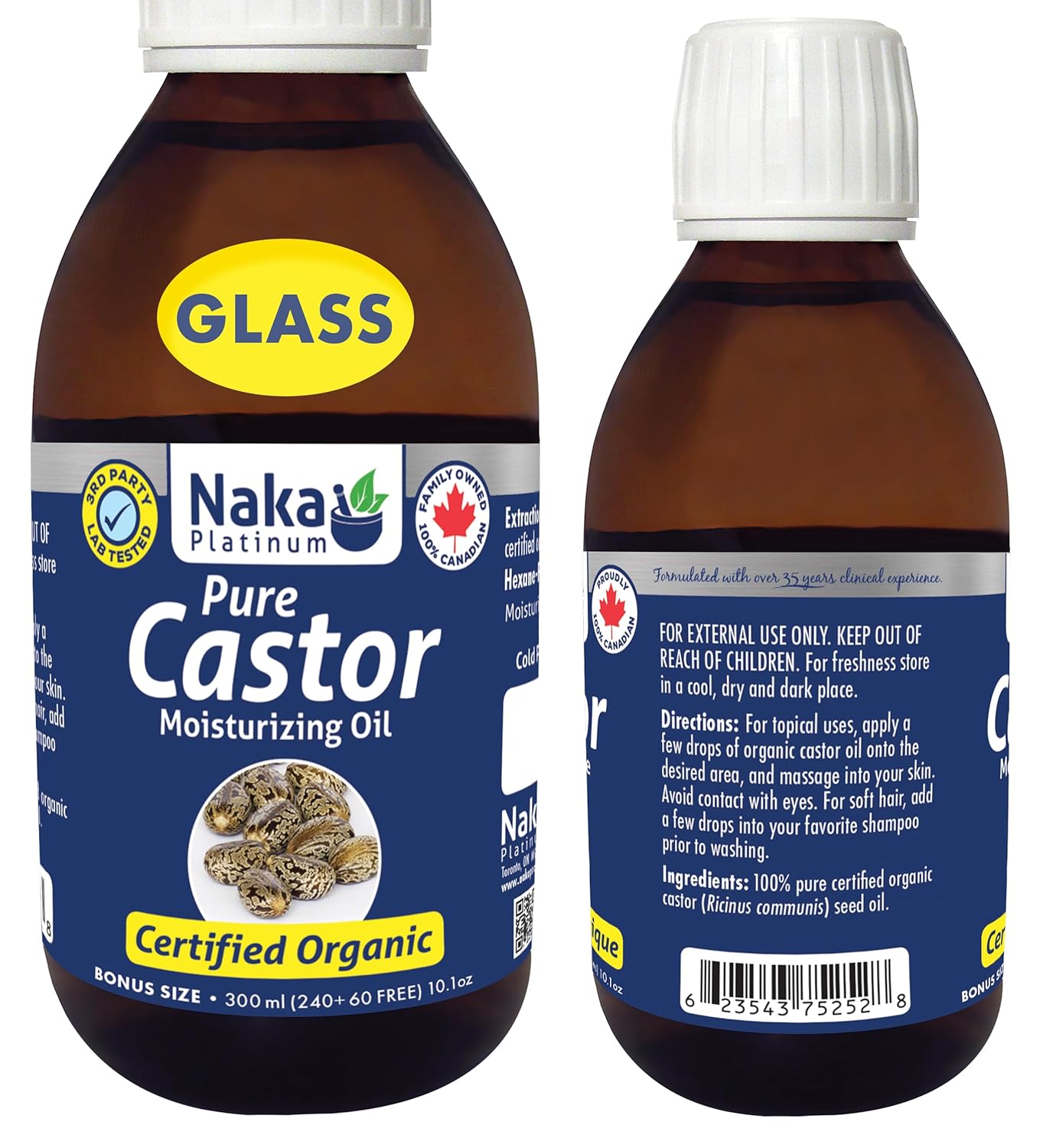 300ml (10oz) glass bottle ORGANIC CASTOR Oil, Expeller Pressed, Moisturizes, Softens and Nourishes Skin, Hair and Nails (300ml) (300ml)