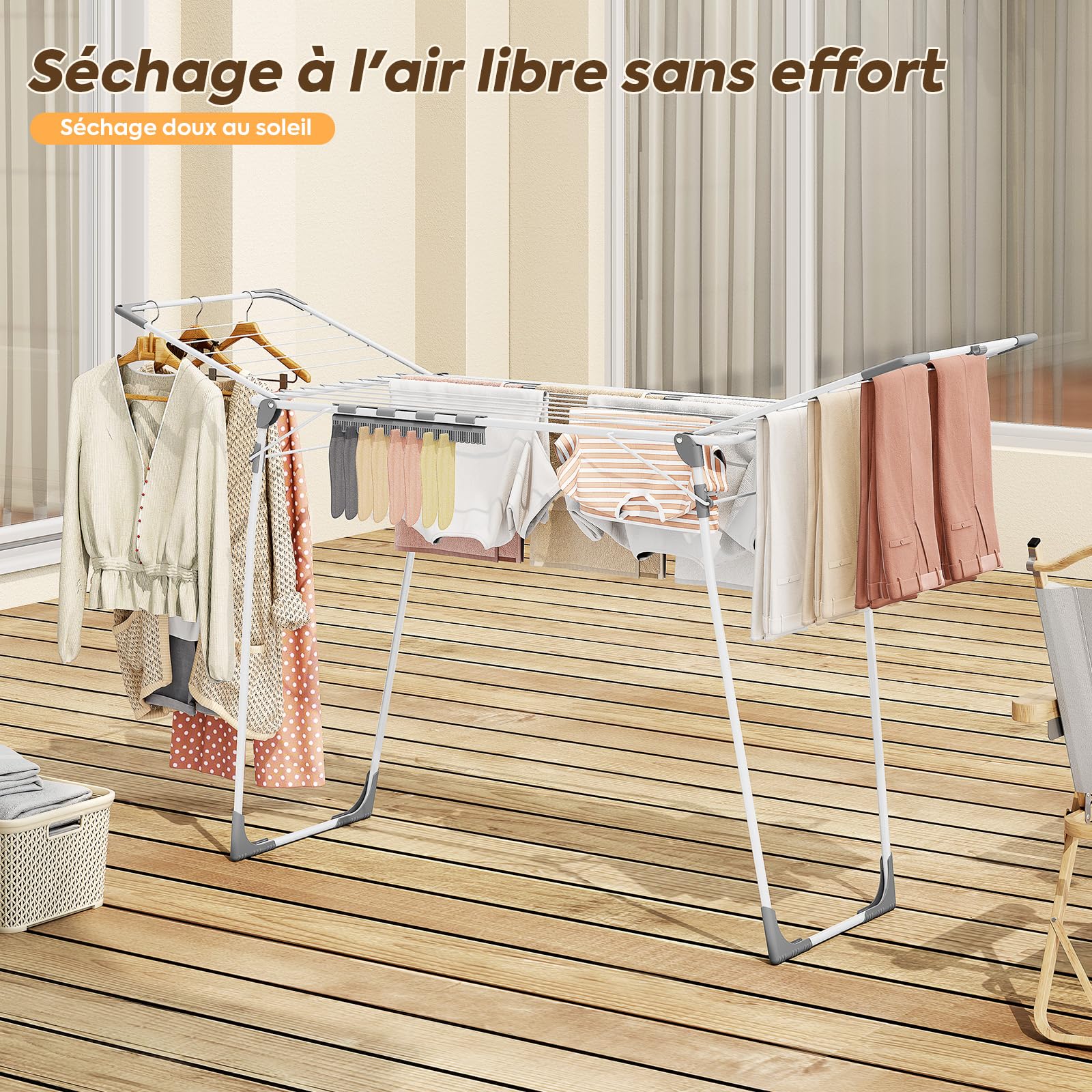KINGBOARD Séchoir à linge pliable grand, étendoir à linge extensible 174x97x156 cm, Séchoir à linge stable avec pieds antidérapants, Séchoir à poser pliable pour l'intérieur et l'extérieur, Blanc