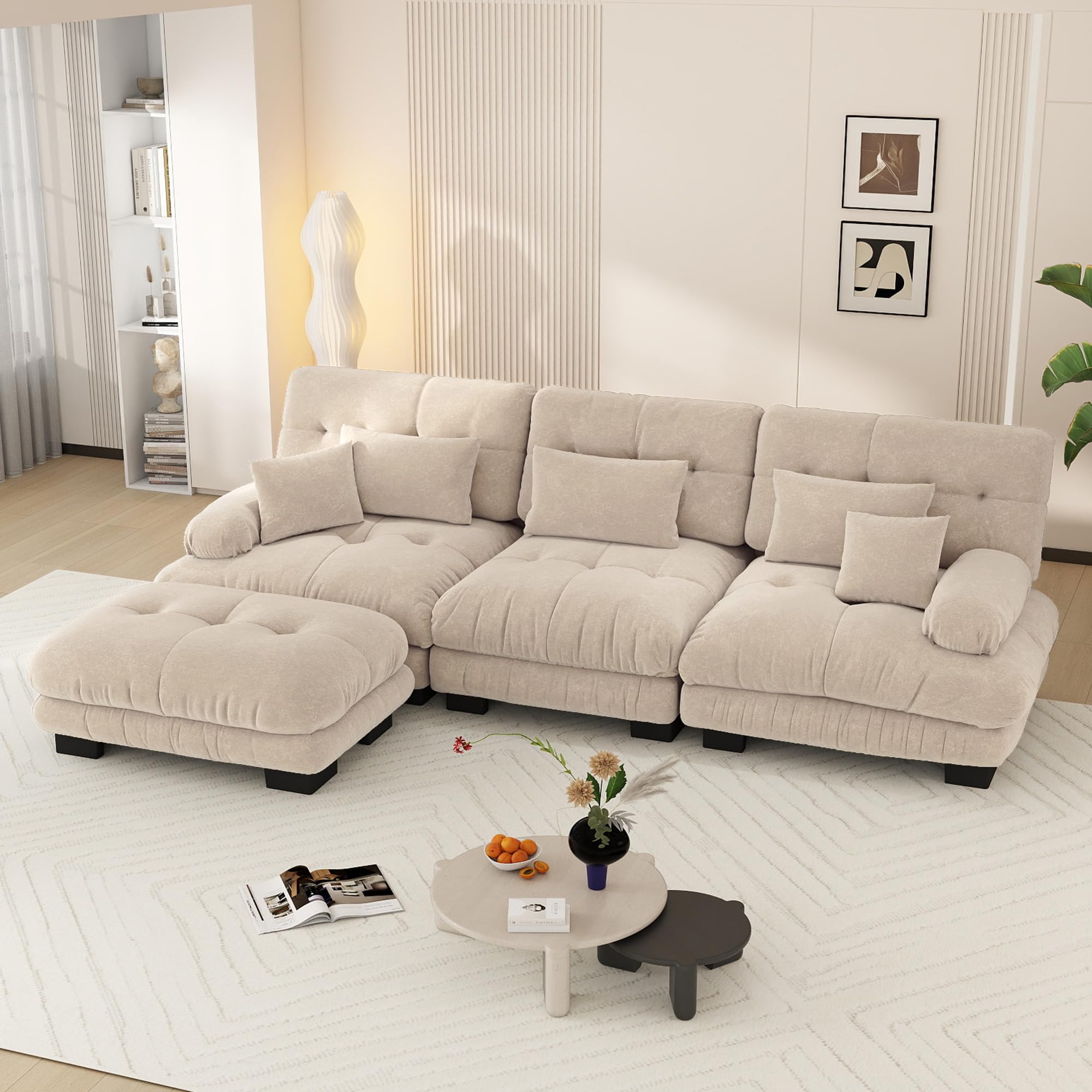Sofá esquinero convertible moderno de 313 cm, sofá grande convertible de 3 plazas con puf para salón, sofá modular profundo con estructura de madera maciza y revestimiento de chenilla, café claro